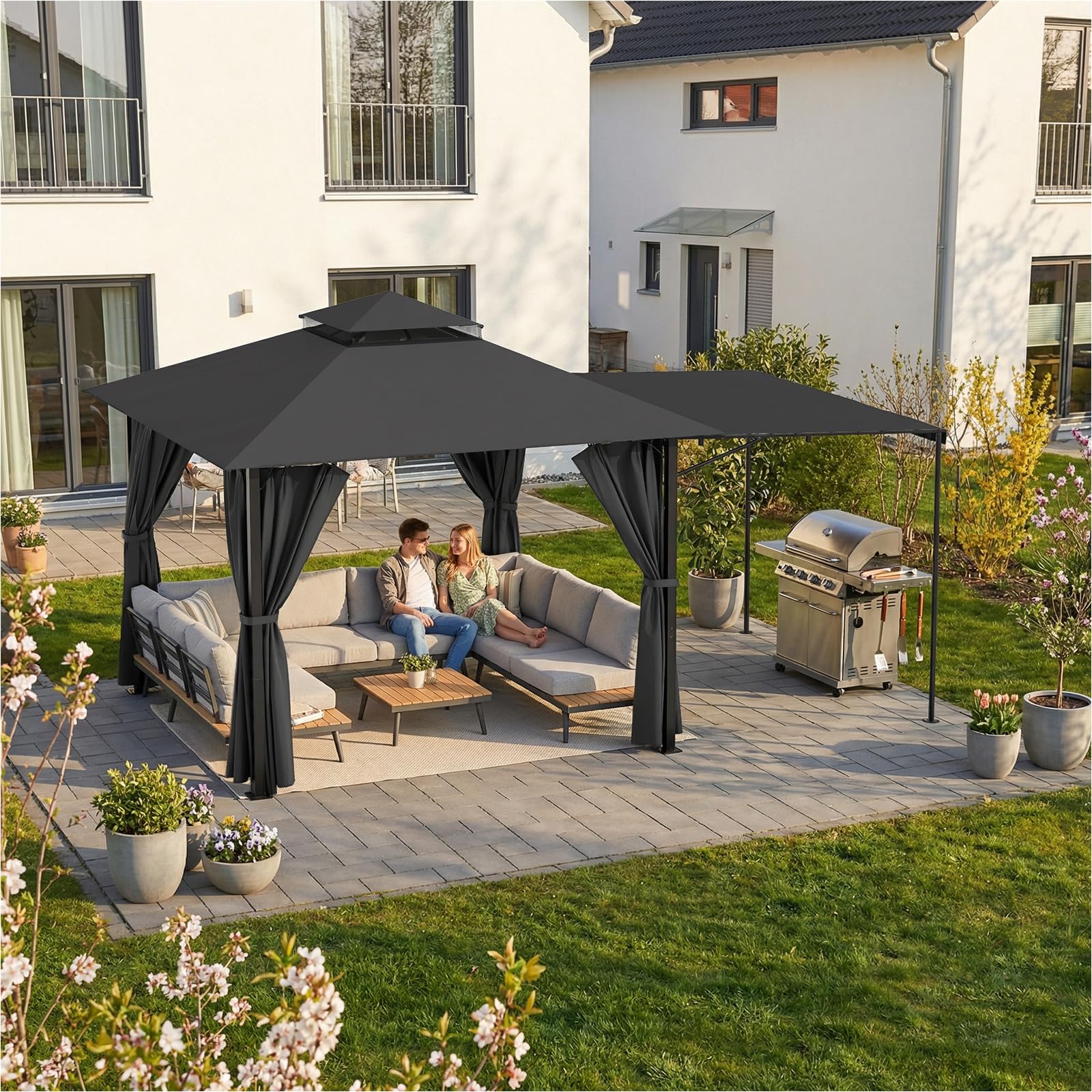 JUMMICO Gazebo da Giardino Esterno 3x3, con Estensione Convertibile in Parete e Tende Laterali Incluse, Tetto a Doppio Strato, Struttura Metallica Resistente alle Intemperie, Ideale per Spazi Esterni