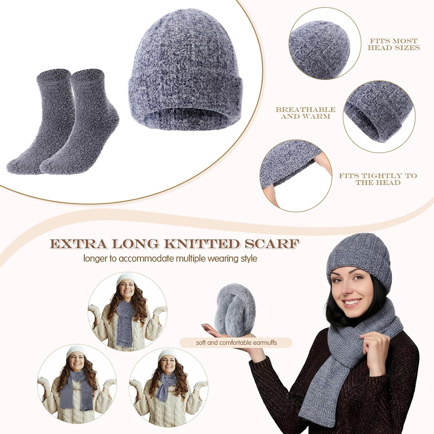 Geyoga 6 Pcs Winter Knit Set Beanie Hat Long Scarf Touchscreen Gloves Ear Muff Socks Warm Valentine Gift for Women Men Snow(Blue,Chic Style)