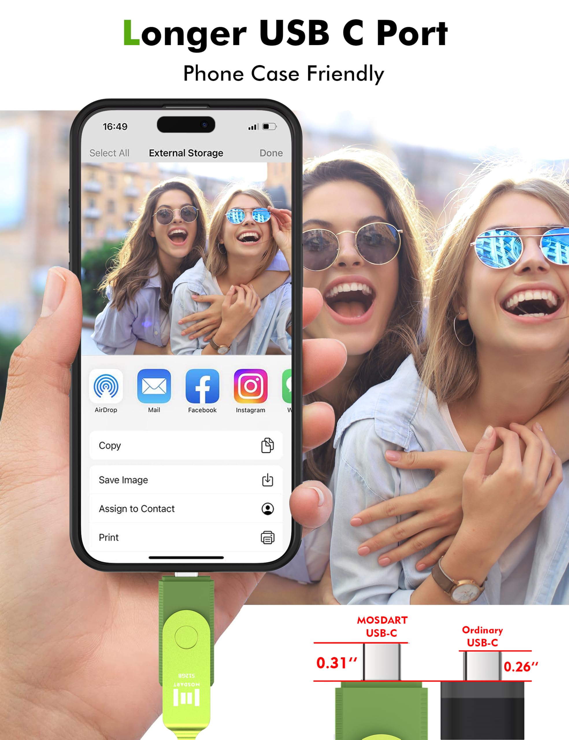 MOSDART Unidad flash dual USB C rápida de 512 GB con llavero, memoria USB 3.1 tipo C 2 en 1 para teléfonos Android USB-C, iPhone 15, MacBook, iPad, computadoras y más, verde