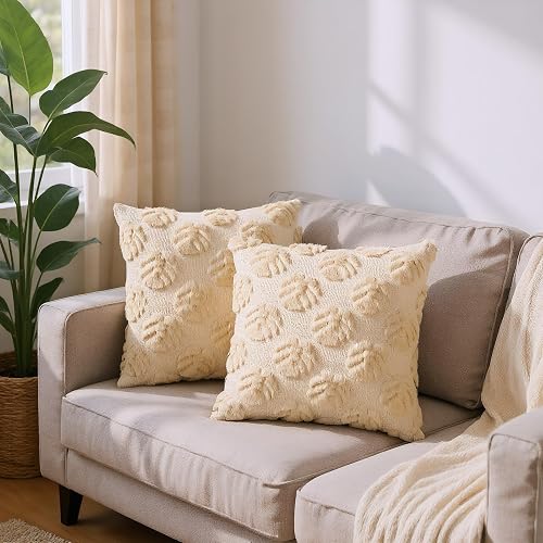 VivaNest Palm Leaves Decorative Throw Pillow Covers 18"x18", Set of 2 Beige Trop