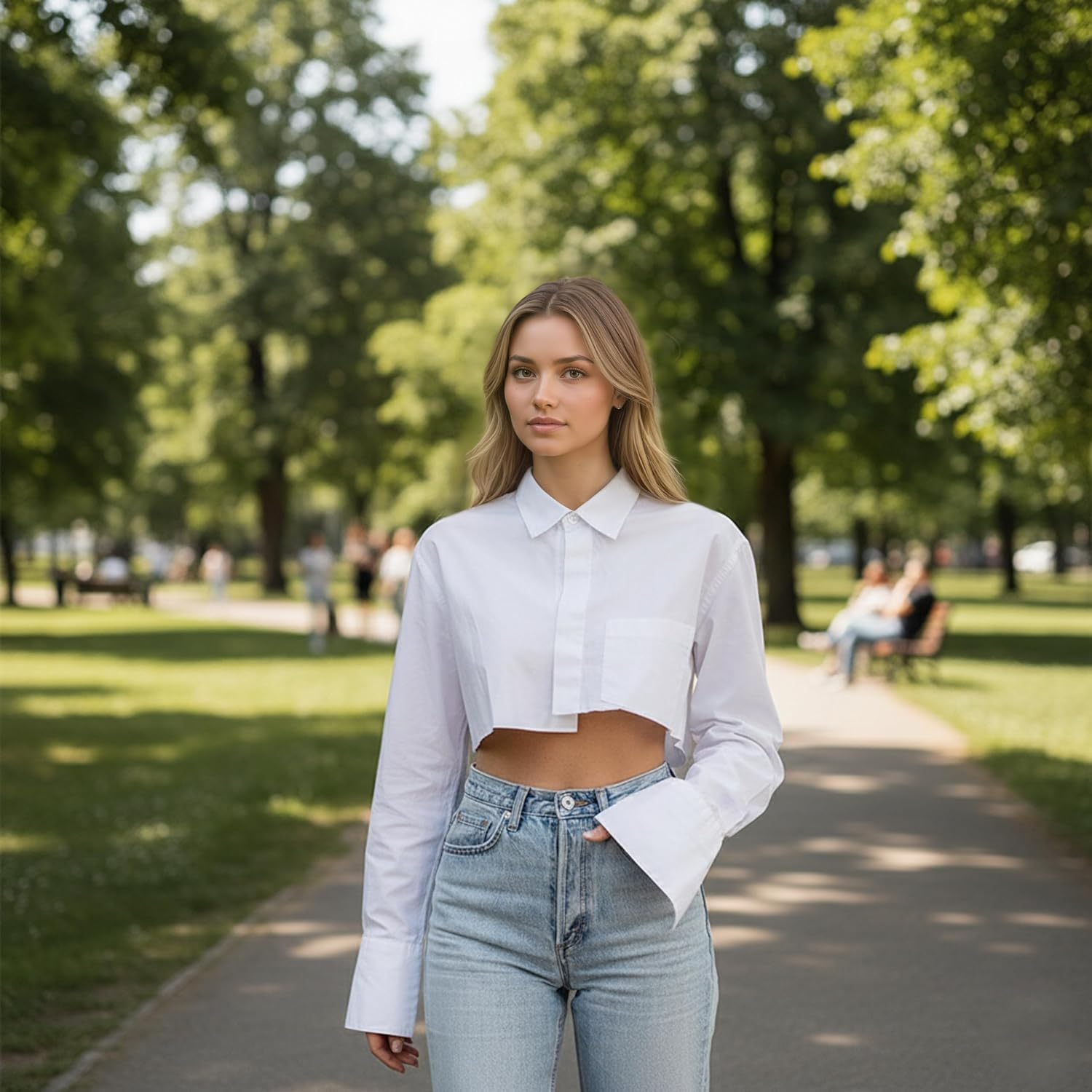 MISSACTIVER Women Solid Long Sleeve Button Up Crop Shirt Turn-Down Collar Irregular Loose Fitting Fashion Cropped Blouse Top - Image 3