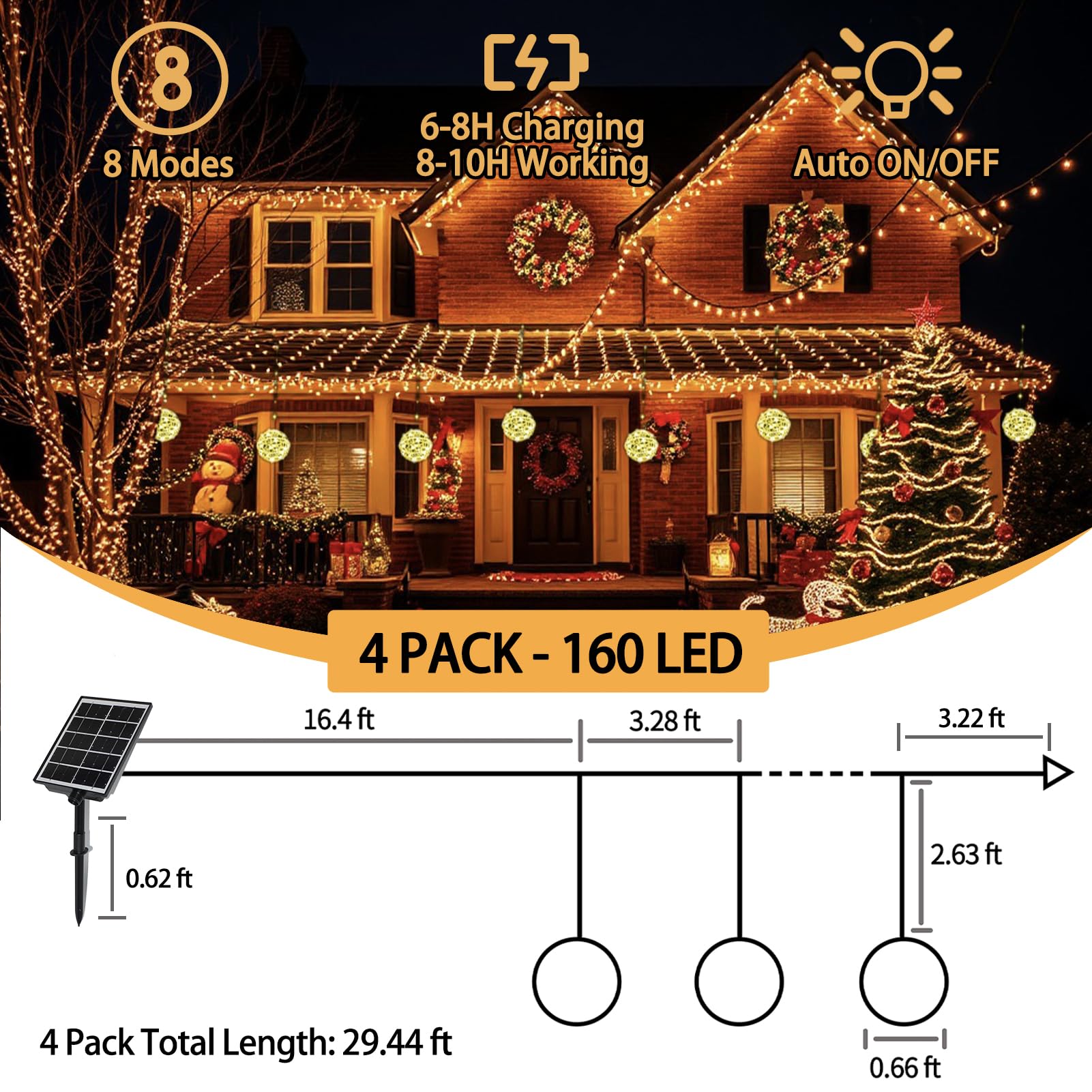 Solar Christmas Ball Lights for Tree Outdoor, 4 Pack 160 LED Globe Lights Waterproof, 8 Modes 7.87in Solar Sphere String Lights Outside for Window Garden Yard Porch Party Decorations, Warm White
