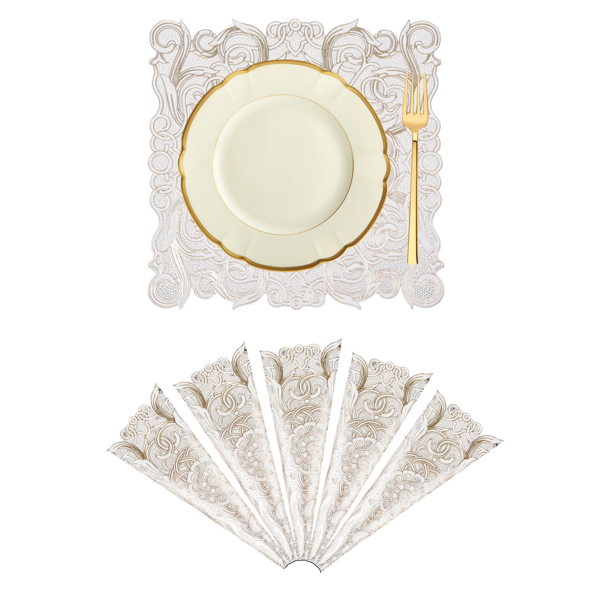Kuber Industries Set of 6 Table Mats | Square Placemat for Dining Table | Tableware D?cor | Placemats for Cakes & Desserts | Leather Kitchen Placemat | Circle Flower | Cream & Golden