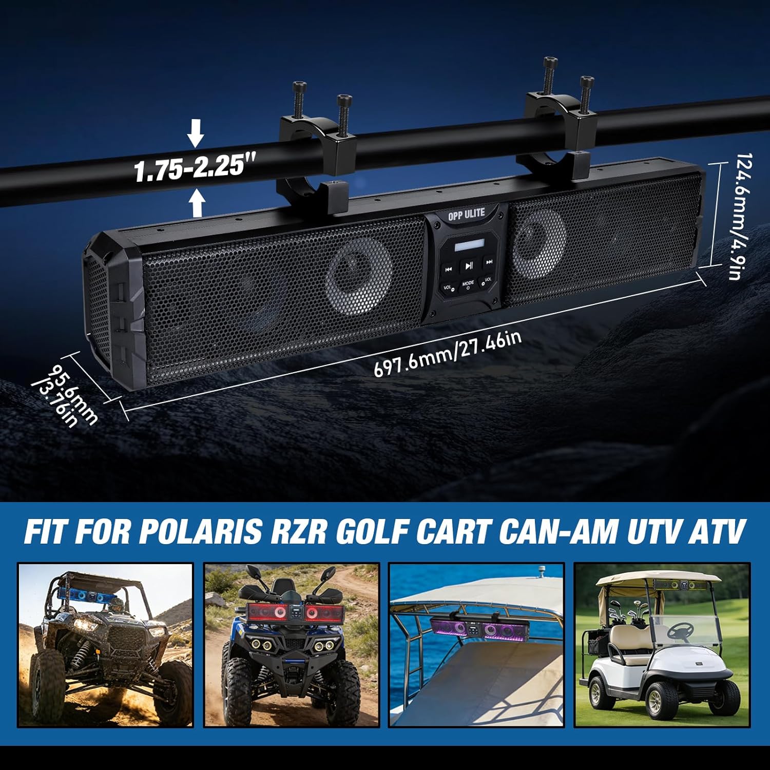 OPP ULITE Upgraded UTV Sound Bar 6-Speakers with RGB Light, 27.5inch Bluetooth & USB Remote Control Music Sync Heavy-Duty Metal ATV SXS Soundbar for Polaris RZR Golf Cart Can-Am w/ 1.75-2.25" Roll Bar