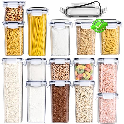 Conjunto Kit 15 Potes Mantimentos Herméticos para Cozinha e Despensa, Tampa com Vedação Silicone, Organizadores Tampa Com Trava Ideal para Armazenar Grãos, Cereais, Farinha e Massas