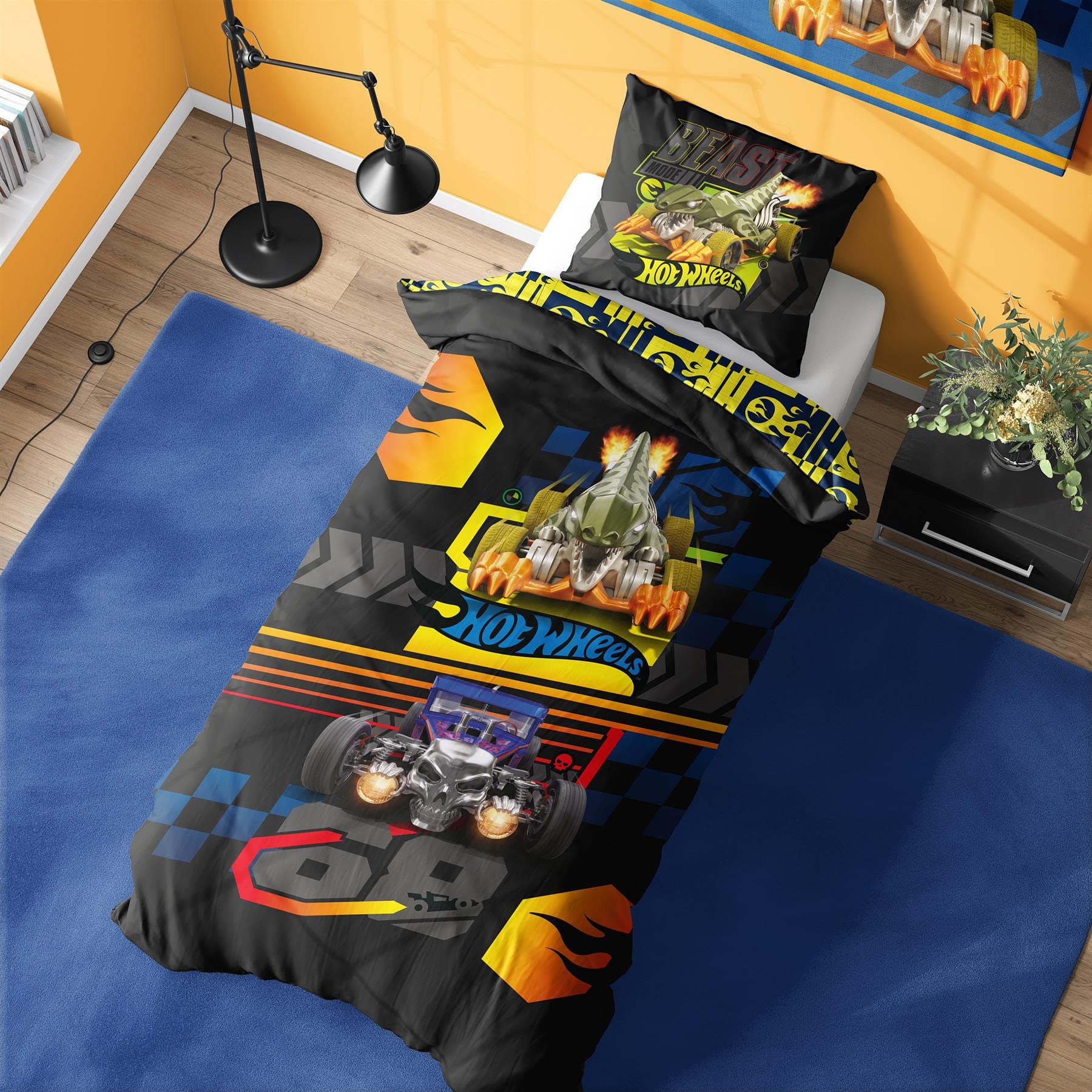 Hot Wheels Black Single Duvet Cover - Bone Shaker 68 Design - Official Reversible Bedding Set With Pillowcase - Polycotton - Ideal For Car Mad Kids Size 2