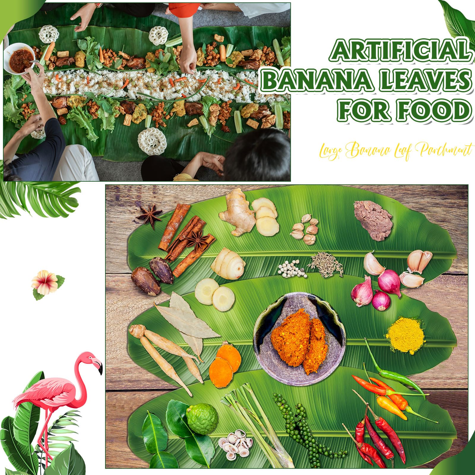 Tinlade 30 hojas de plátano, hojas de papel de pergamino, hojas de plátano artificiales tropicales para cocinar, tabla de charcutería para servir alimentos, decoración de fiesta hawaiana, centros de