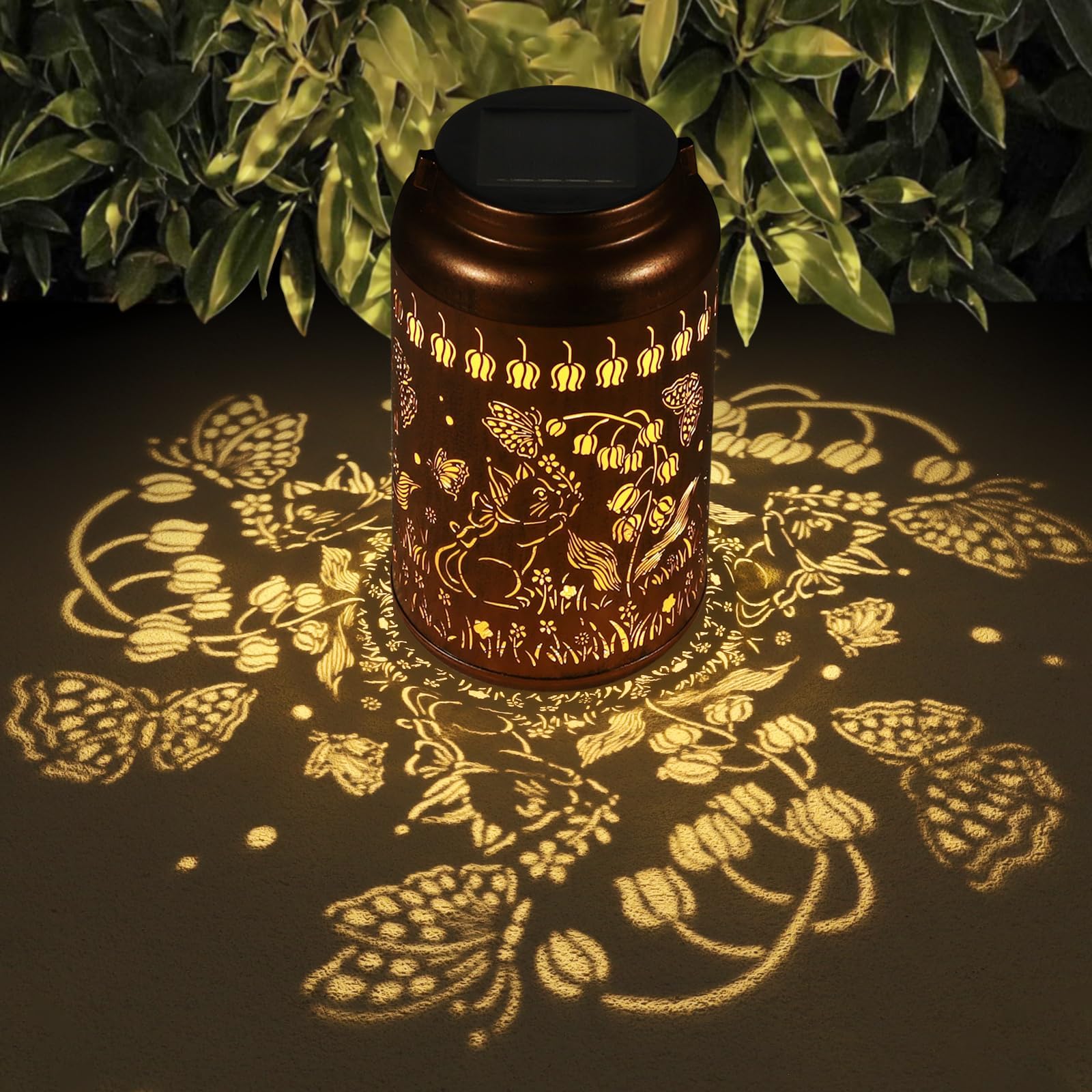 Solar Lanterns Outdoor Waterproof Hummingbird Garden Decor Gifts for Women Mom Grandma Hanging Lights Metal Decoration Outside for Yard, Patio,Backyard,Porch(Cat and Butterfly)