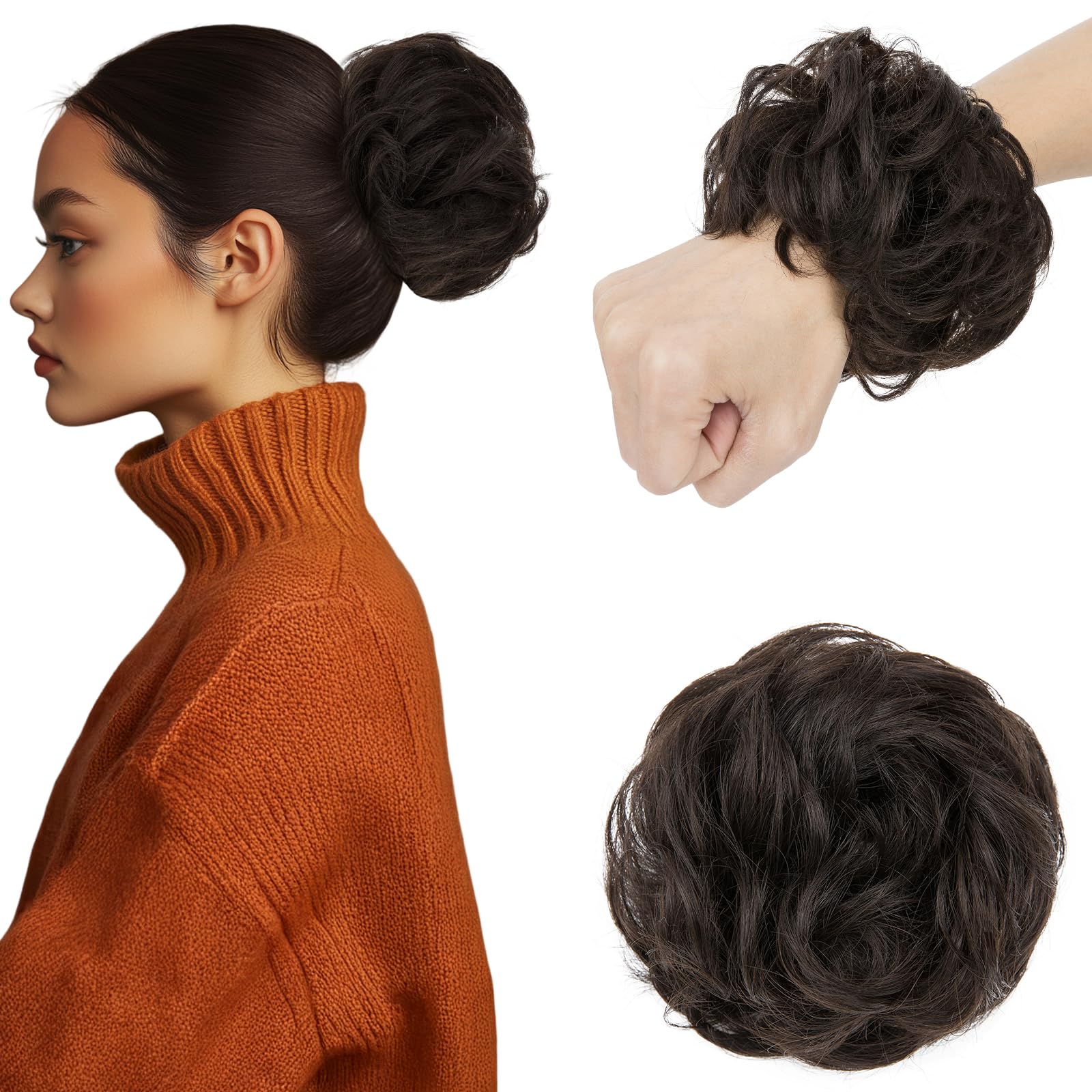 Elailite Messy Bun Hair Piece For Women Real Hair Human Hair Hair Covered Scrunchies Donuts Updo Chignon - #1B Natural Black