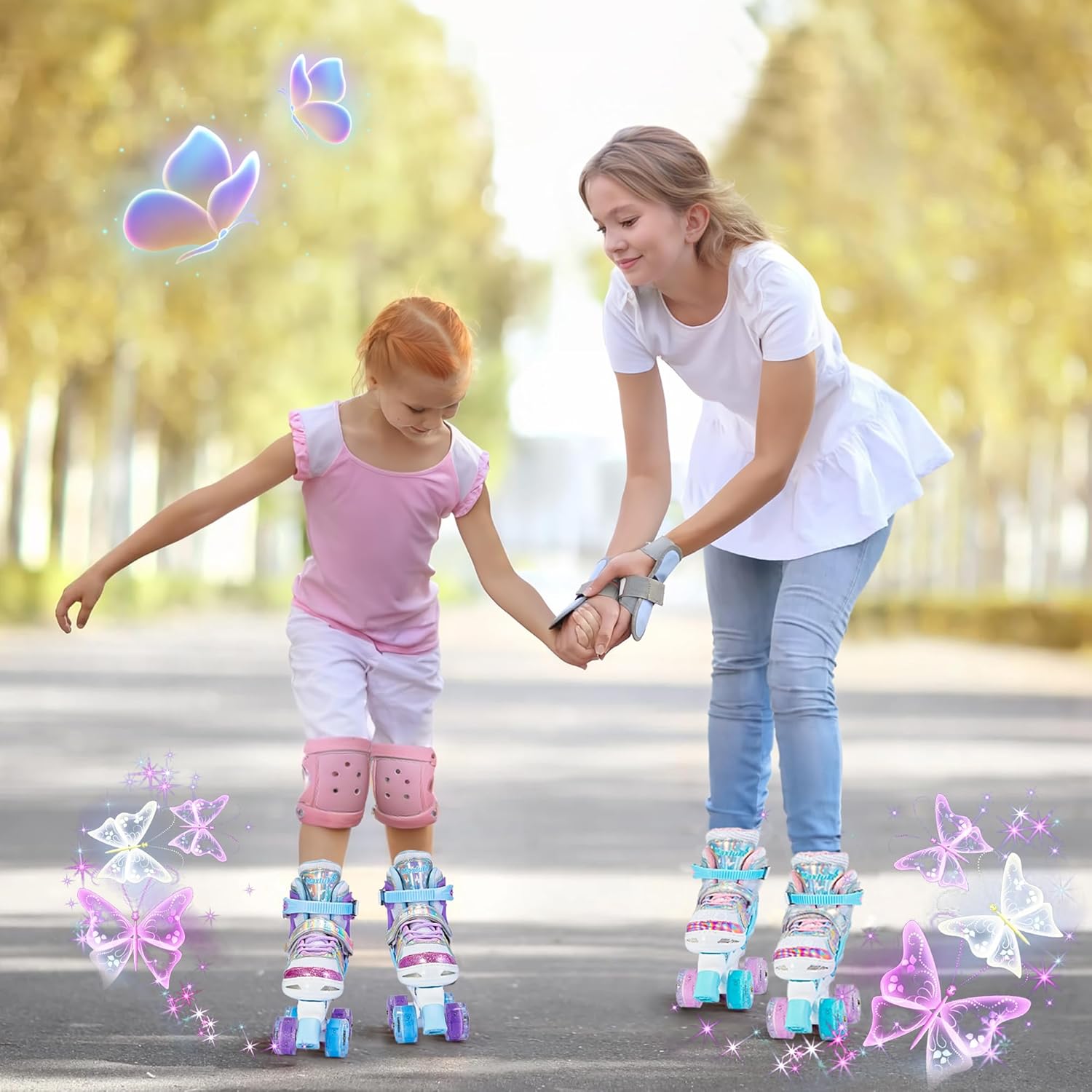 Girls Roller Skates, Butterfly Design 4 Size Adjustable Kids Roller Skates for Girls, Boy and Women, Fun Illuminating Toddlers Quad Skates for Beginners Youth Indoor Outdoor(Small, Pink Green)