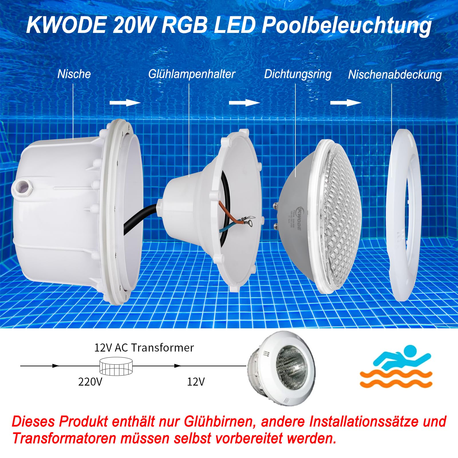 Luz de piscina LED par56, Luces de piscina RGB 20W, IP68 con control remoto, cronometrada 2/4/6H, foco submarino [12v AC/DC]