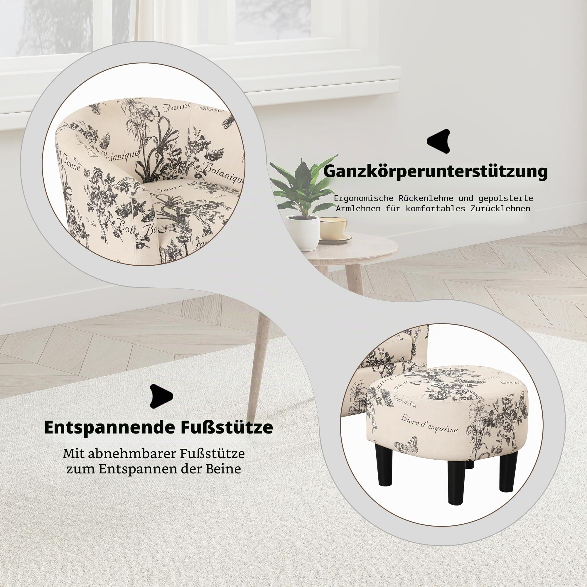EBELLO Relaxsessel Sessel Wohnzimmer Sessel mit Hocker Ohrensessel Loungesessel Akzent-Sessel mit Ottomane für kleine Räume – bequemer Lesesessel aus Stoff für Wohnzimmer Schlafzimmer