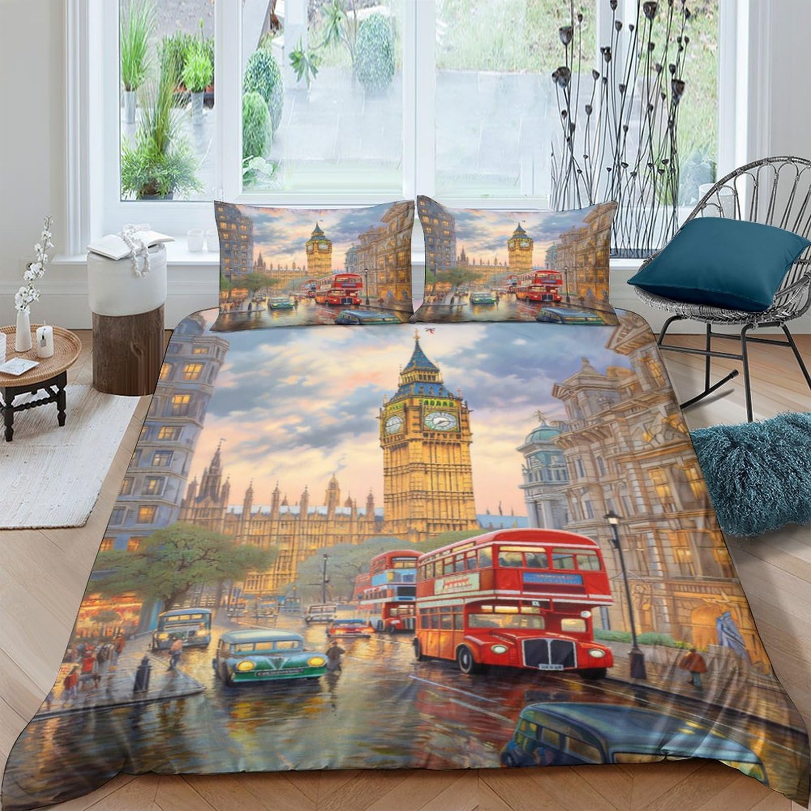 Ctjqhvkz Style-5 3D Printed London Night Cityscape Fitted Sheet Microfiber Soft Breathable Big Ben Bus Mattress Cover Bedroom Decor Single（135X200cm）