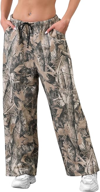 Eutten Women Wide Leg Camo Sweatpants High Waisted Drawstring Baggy Jogger Fleece Loose Sweat Pants with Pockets