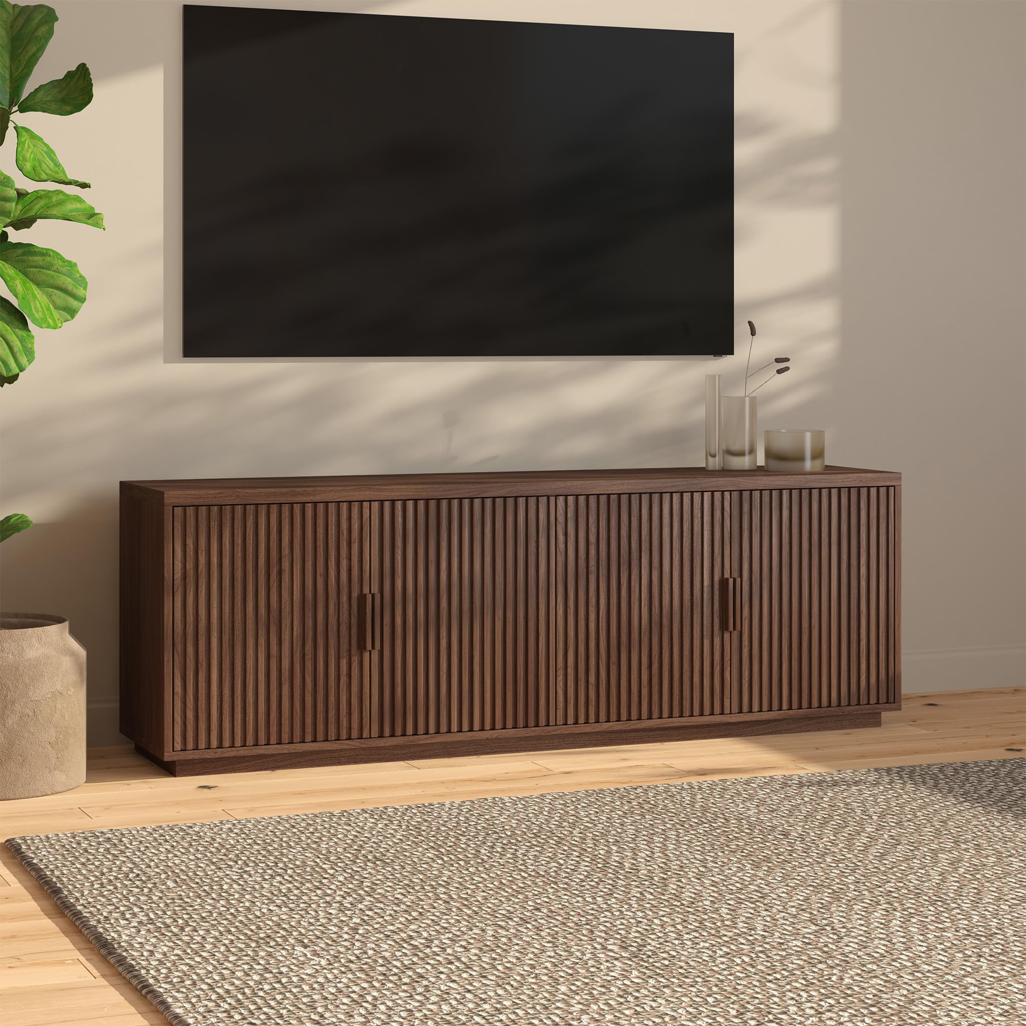 henn&hart fluted tv stand for tvs up to 75'' with 2 concealed ribbed storage cabinets, adjustable shelves, and cable management cut-outs for living room, family room, or office, satin walnut