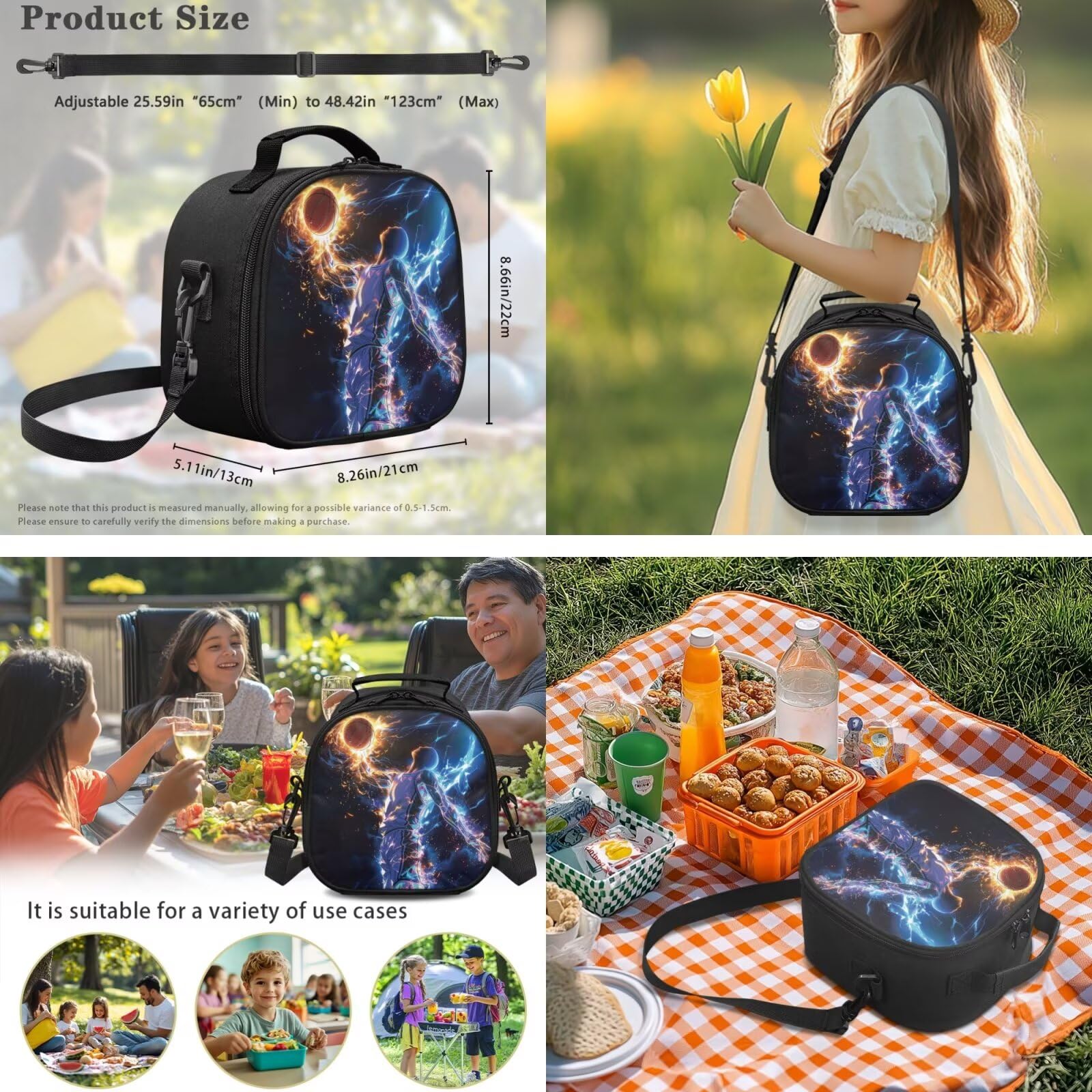 COEQINE Mochila deportiva para niños de 8 a 12 años con fiambrera, bolsa escolar de primaria, bolsa para viajes, estuche para lápices, llaveros, Basketball Lightning Blue Black Sport Player, M