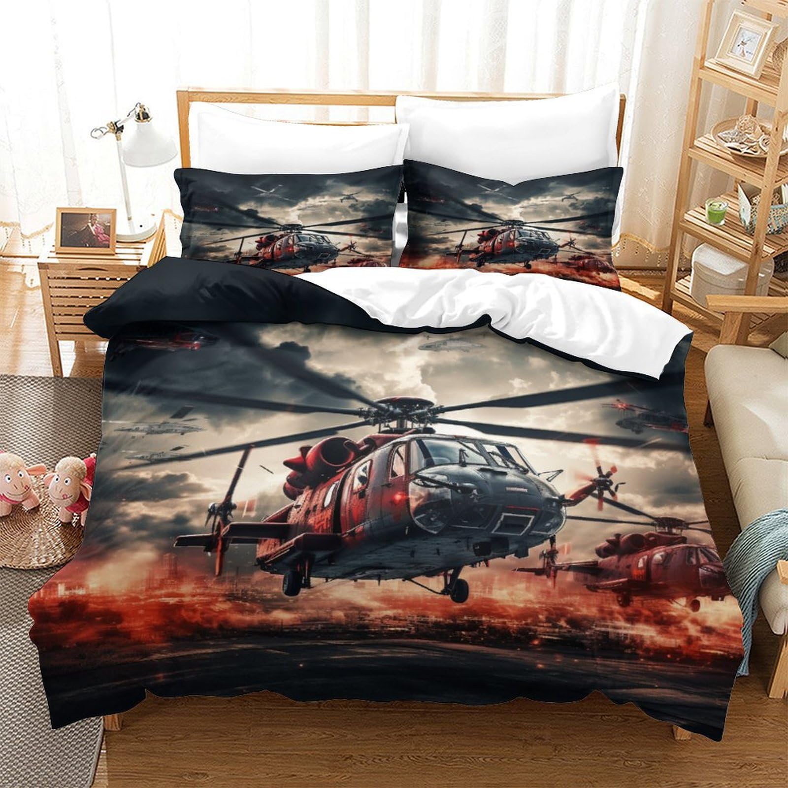 Housse de couette 3D hélicoptère parure de lit 3 pièces super king 260x220