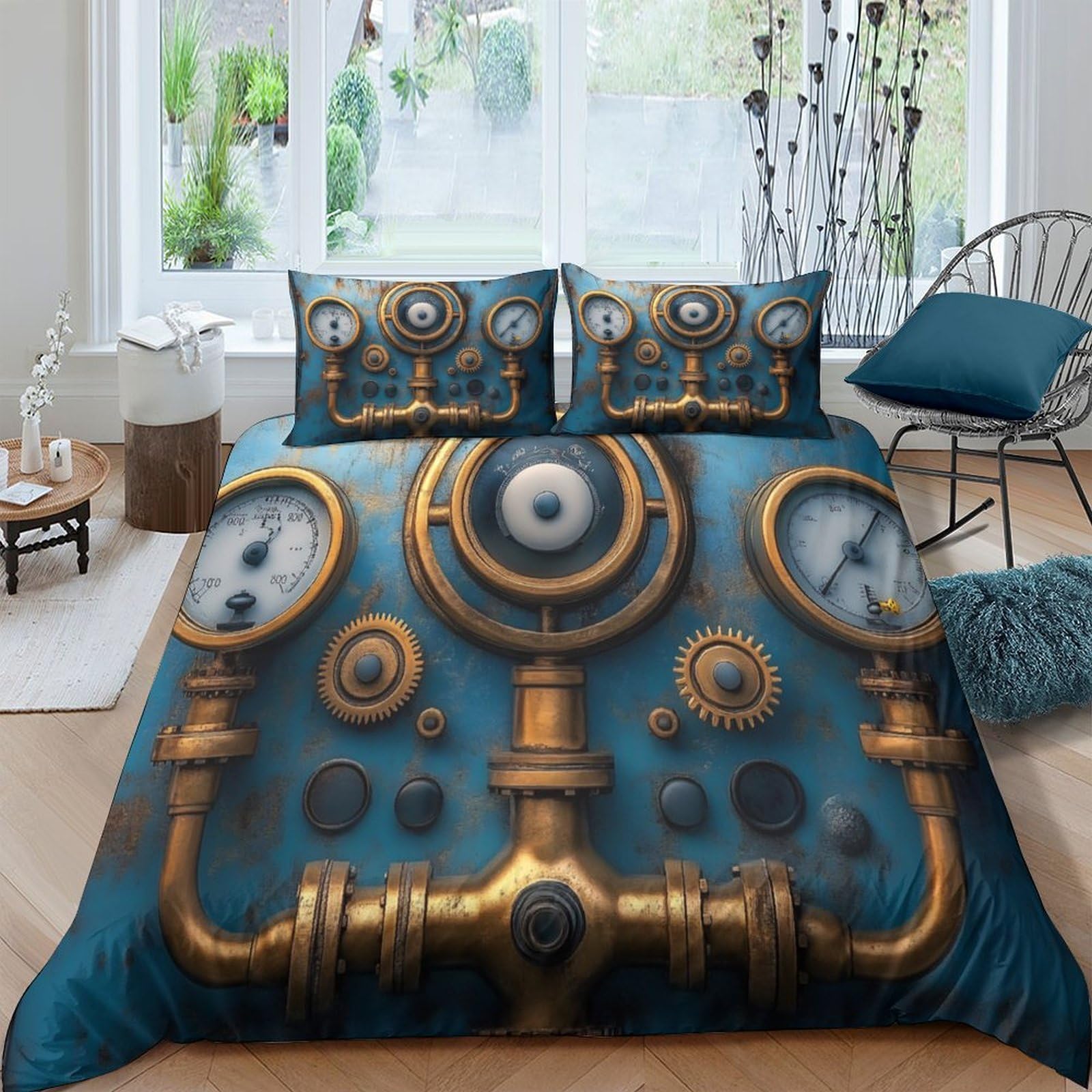 Ctjqhvkz Style-3 3D Printed Steampunk Gauge Fitted Sheet Microfiber Soft Blue Brass Instrument Bed Cover For Bedroom Guest Dorm Decor Single（135X200cm）