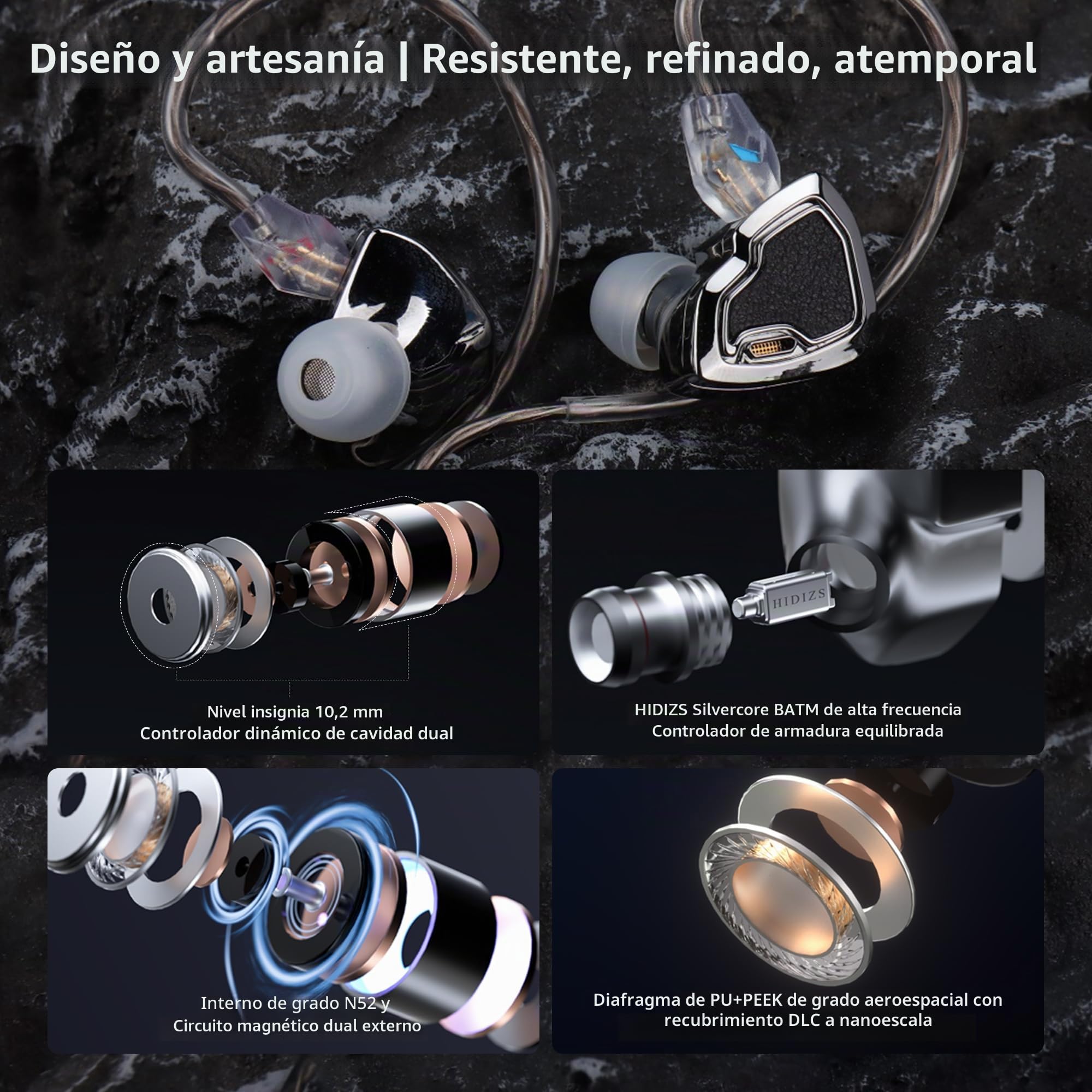 Hidizs MS2 Pro Auriculares In Ear Monitor, 10.2mm Doble Driver Magnético (1DD+1BA) Híbrido, Carcasa Zinc + Cuero Vegano, 6 Estilos de Sonido con Filtros Intercambiables, Cable Desmontable 4.4 mm