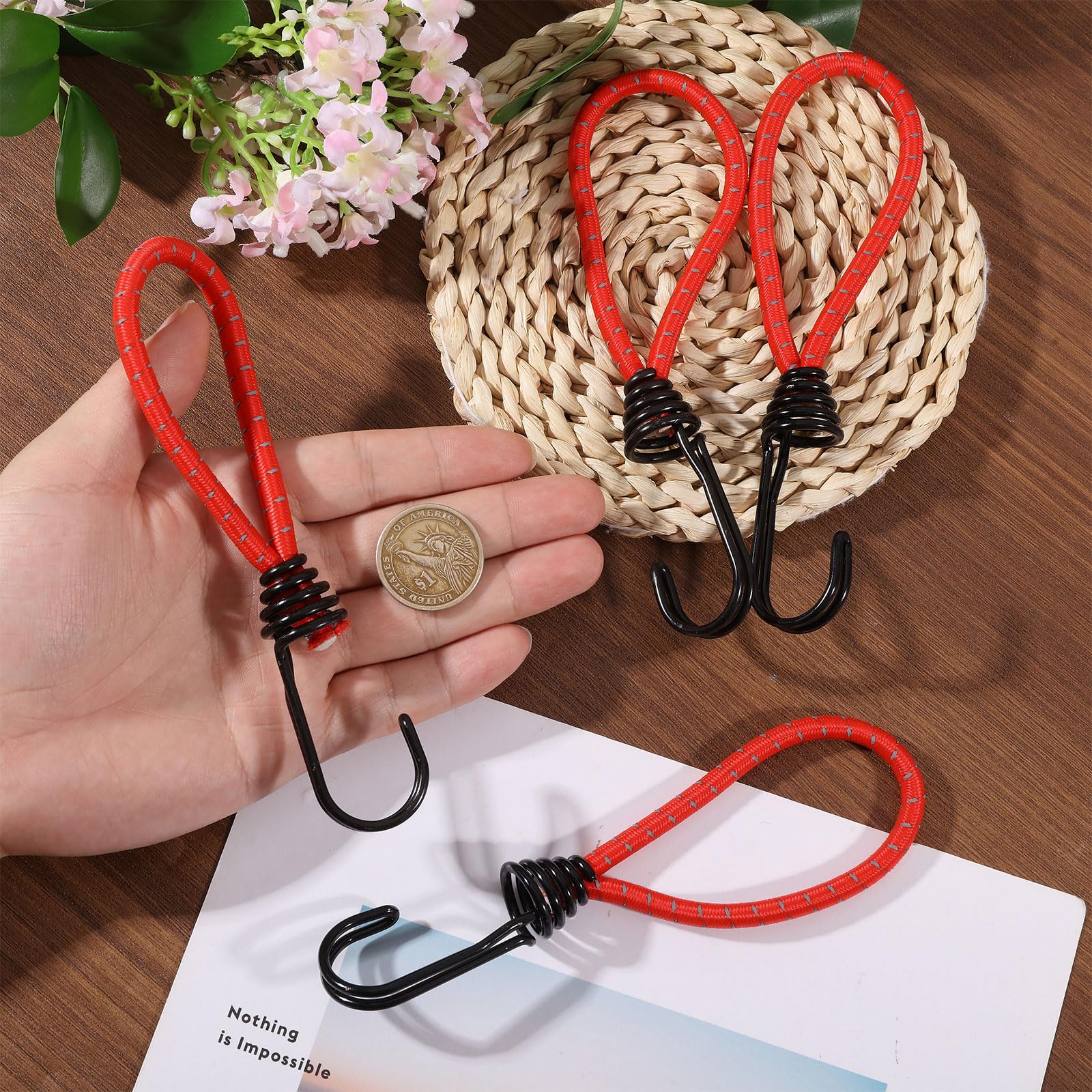 Lot de 10 crochets de corde élastique de 14,5 cm - Avec crochets - Très résistants - Pour l'extérieur, le camping, les bagages, les tentes, la randonnée - Rouge