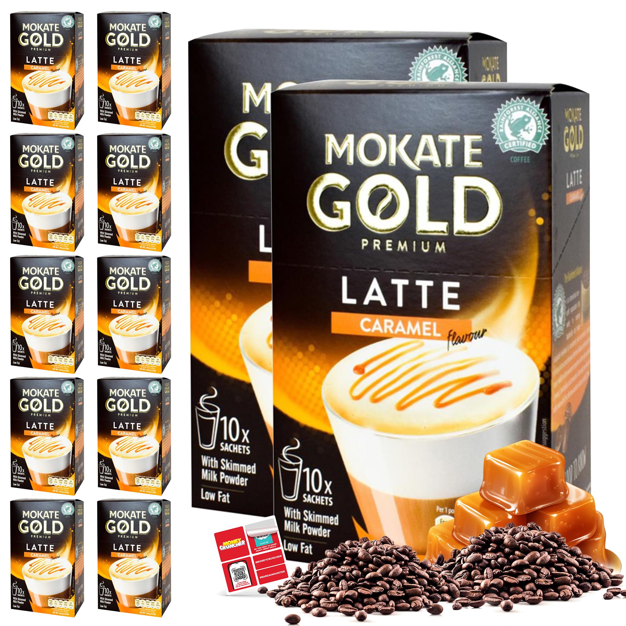 SOL120pk (12 x 10pk) Mokate Coffee Sachets, Caramel Latte Instant Sticks, Individually Wrapped. Convenient and Portable, Enjoy Hot or Cold, Perfect for Home, Office, Travel, or On-the-Go