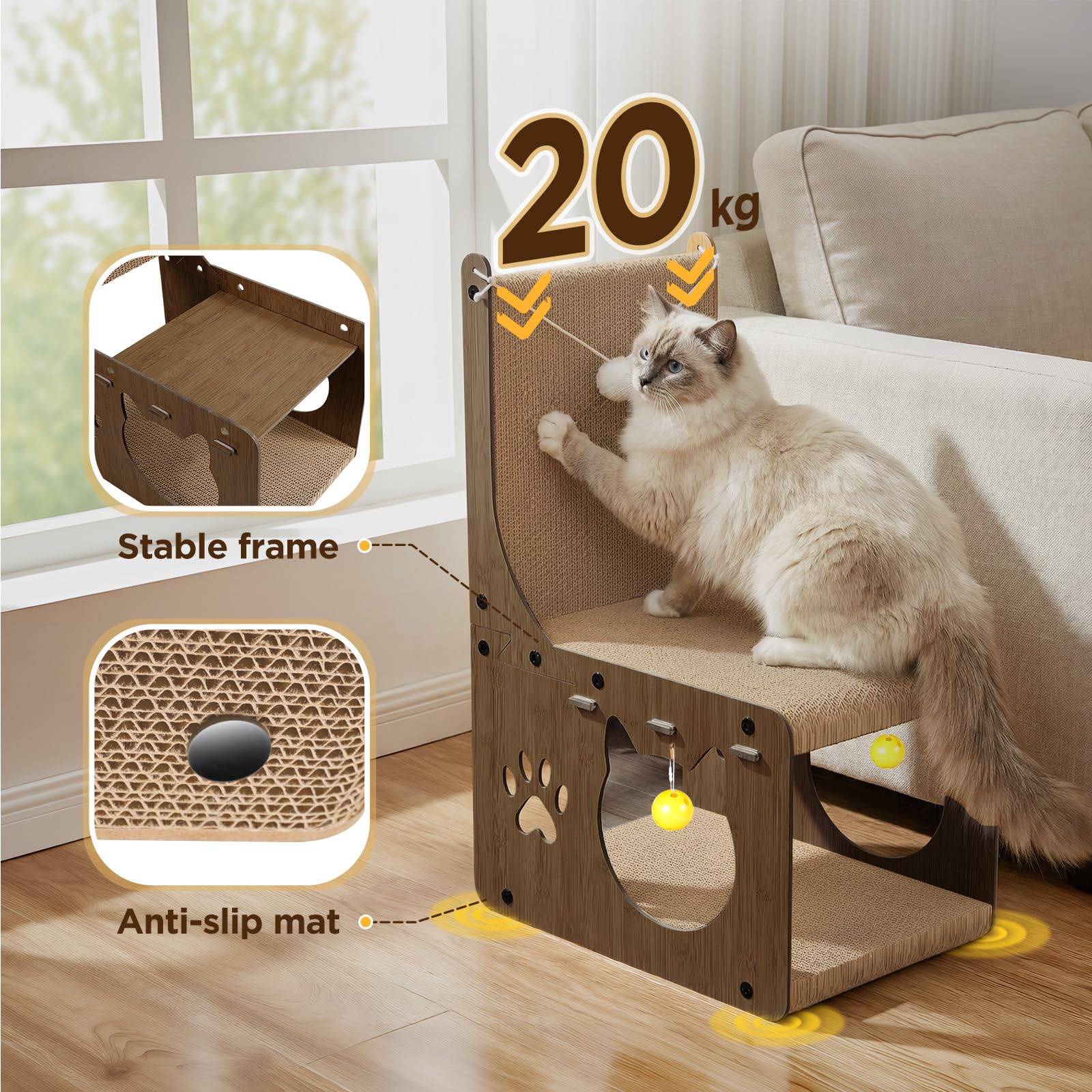 Gimars Rascador para Gatos en Forma de Silla – Cartón para Rascar, Alfombrilla y Tabla Interactiva con Pelotas y Túnel, Protector de Muebles para Gatos de Interior, Nogal