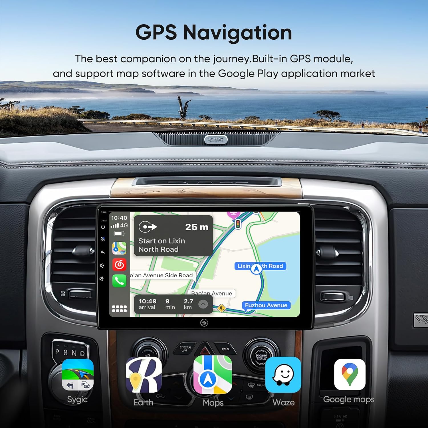 The car stereo displaying a GPS navigation map with route information and various navigation app icons at the bottom.