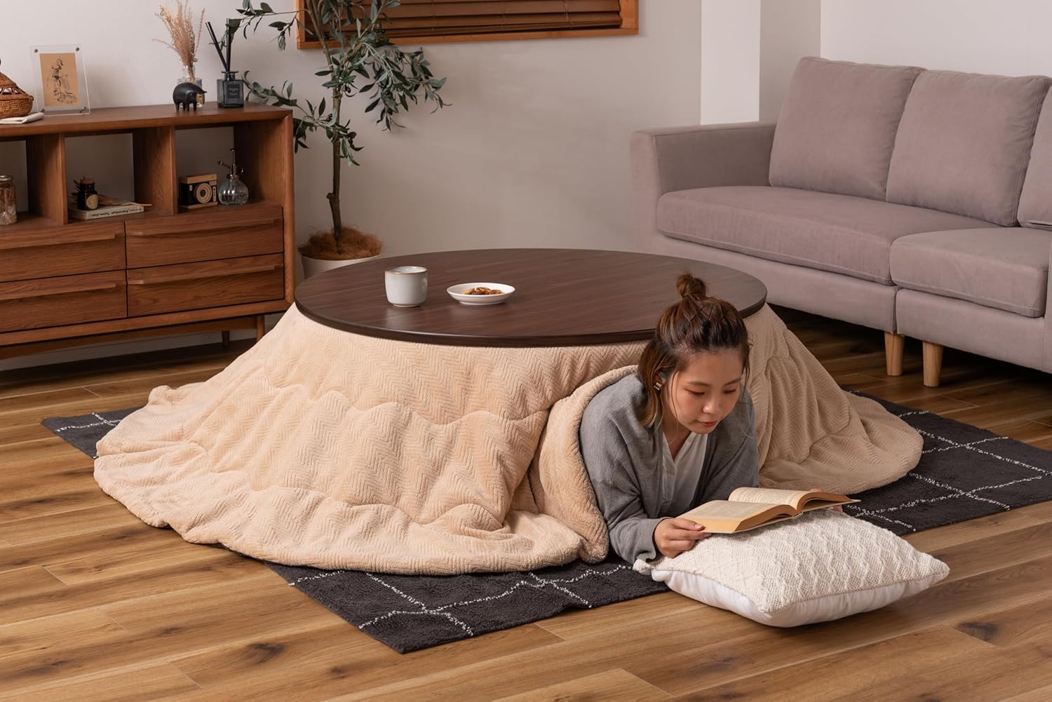 PaletteLife Kotatsu Round Table, Japanese Heated Center Table, 100V Electric Heater, Brown, 43.3 in (110cm), Coffee Table, Flat Carbon Heater with Temperature Control Knob, BLK-311BR