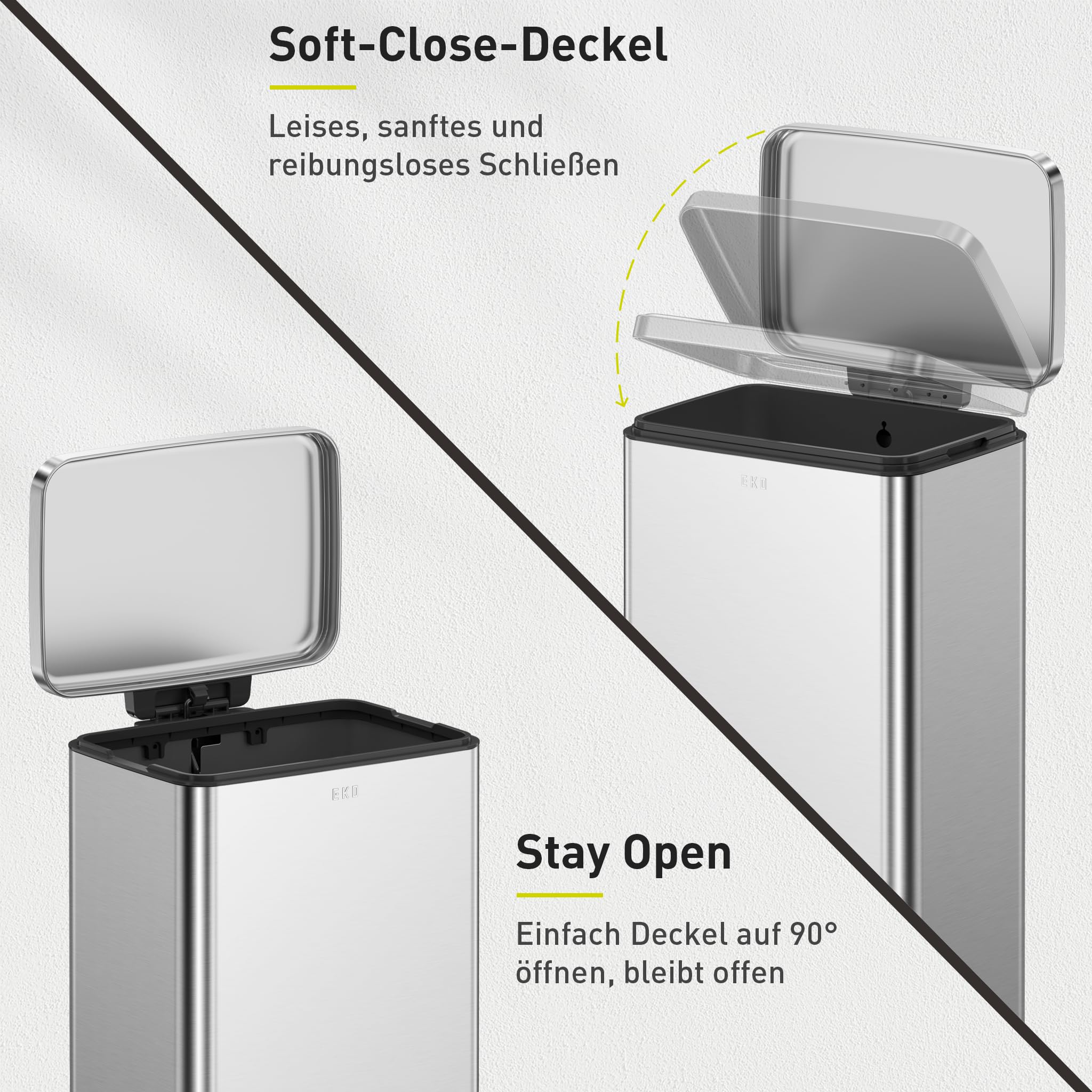 EKO Madison Mülleimer Küche 30L, Abfalleimer mit Pedal aus Fingerabdruckfreiem Edelstahl, Soft-Close Deckel & Inneneimer, Rechteckiger Kompakter Tretmülleimer mit Elegantem Robustem Design