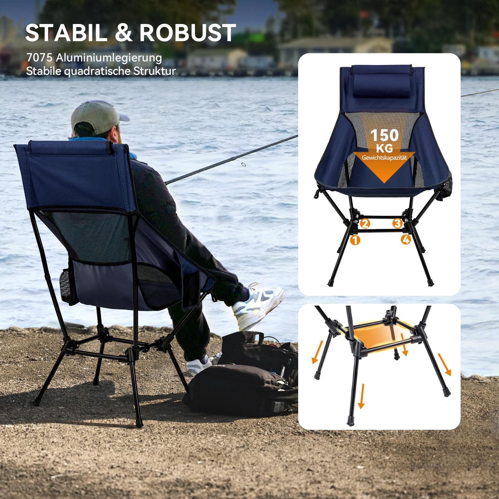 Campingstuhl Hochlehner Faltbar 150kg, Ultraleichter Tragbar Klappstuhl mit Kopfstütze 2 Seitentaschen, Kompakter Angelstuhl Klappbar mit Tragetasche für Camping, Strand, Outdoor und Wandern