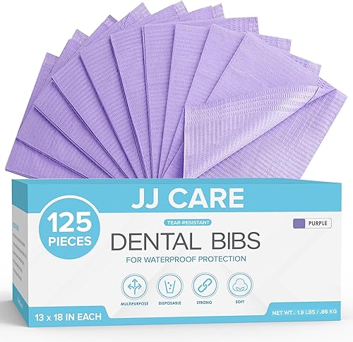 JJ CARE Baberos dentales [Paquete de 125] baberos dentales morados de 13 x 18 pulgadas, baberos dentales impermeables de 3 capas, baberos dentales