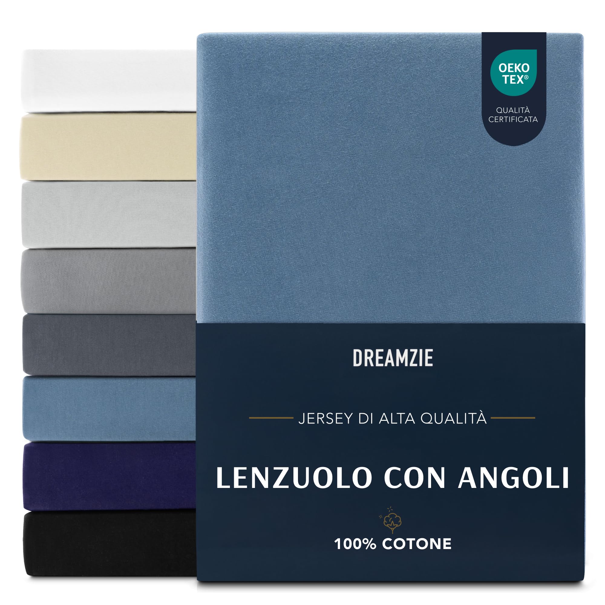 Dreamzie Lenzuola Matrimoniali Cotone 120x200 cm, Altezza Materasso fino a 22 cm - Coprimaterasso Matrimoniale - Blu - Certificato senza Prodotti Chimici (Oeko TEX)
