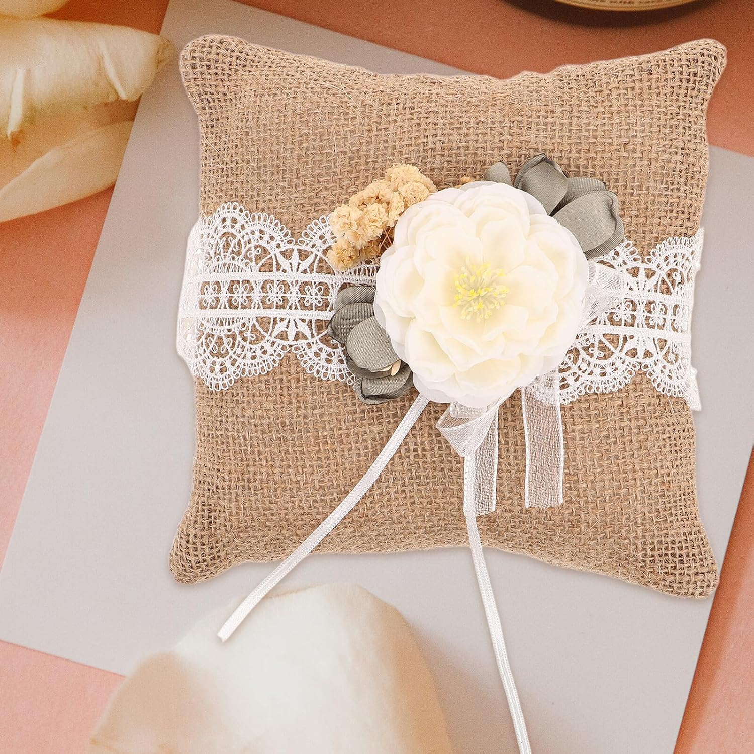 Burlap Lace Ring Bearer Cushion with Lace Flower Linen Rustic