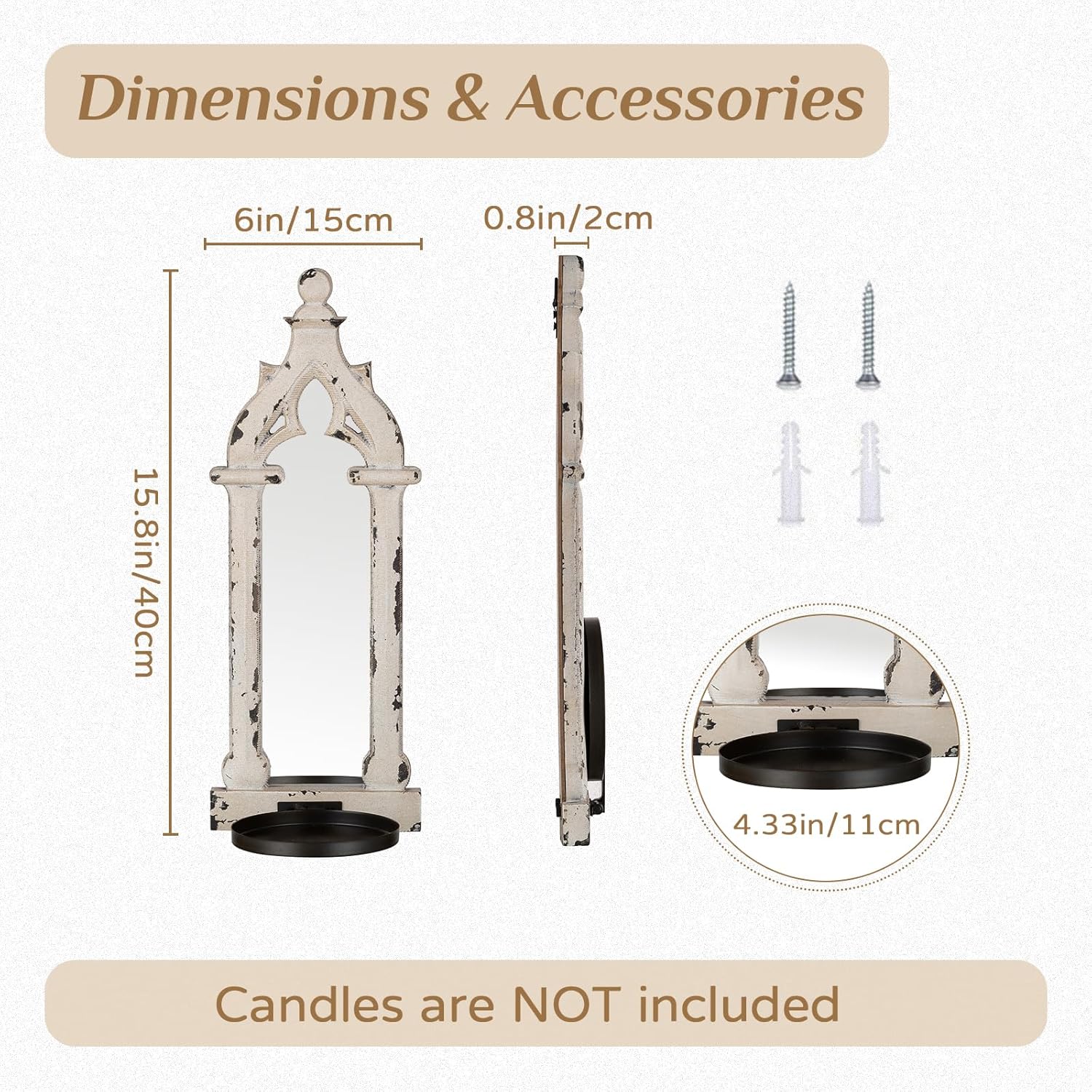 Candle Sconces Black Wall Decor - Gothic Mirror Wall Candle Holder for Halloween Art Decorations - Wood Farmhouse Candles Sconce Set of 2 for Home