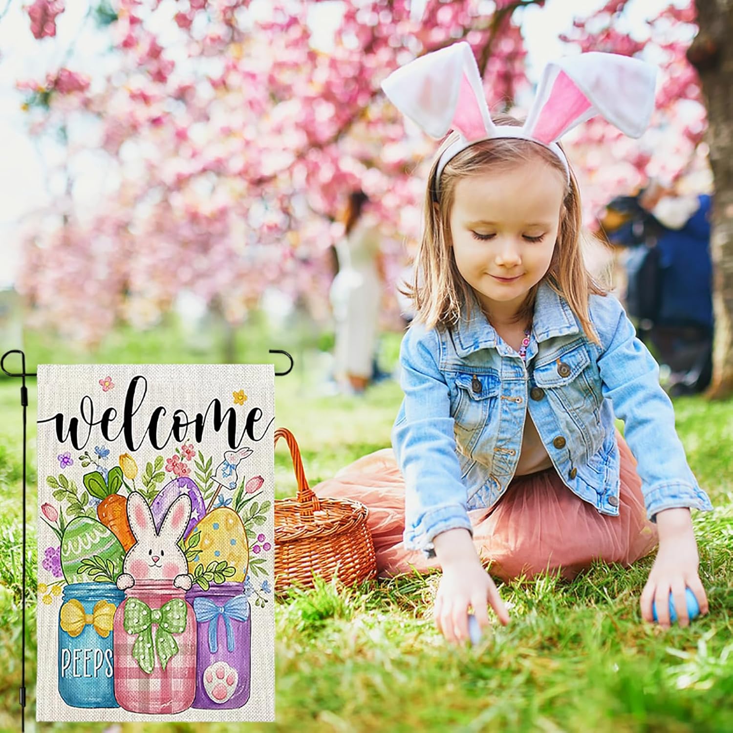 Easter Egg Bunny Garden Flag Spring Flower Welcome Garden Flag for Outside Farmhouse Yard Seasonal Decorations 12x18 Double Sided Burlap Small Yard Flag Cute Spring Flags Easter Outdoor Decor Supplies - Image 9