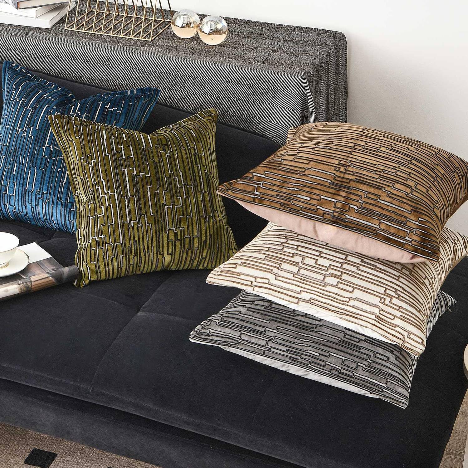 Luxury Cut Velvet Throw Pillow Cover 18x18, Gray Abstract Stripe Pattern Soft Decorative Cushion Case with Hidden Zipper for Sofa, Living Room, Bedroom – No Shedding, No Fading
