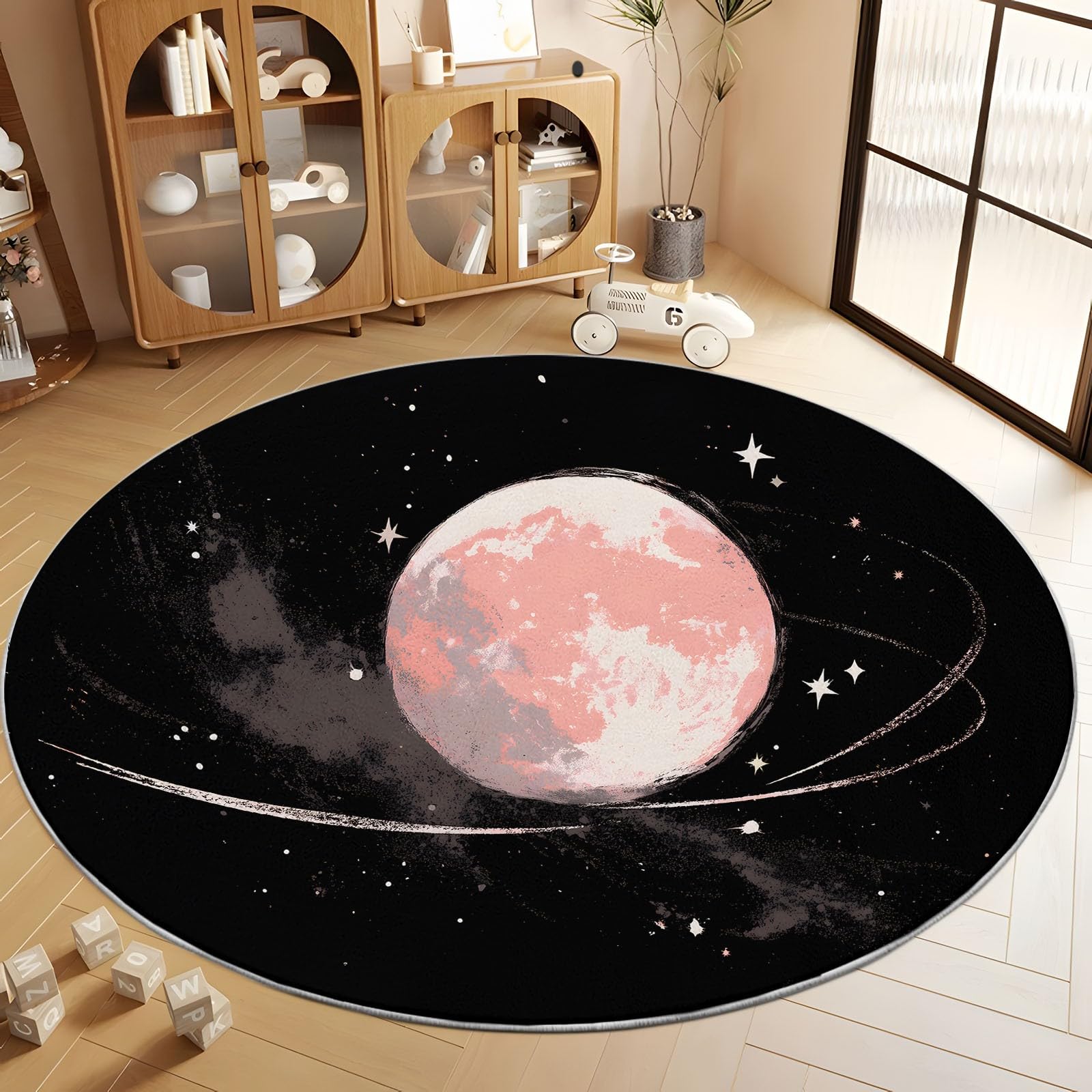 Générique Tapis Rond Doux Lune Étoiles Rayures à Poils Courts 120 cm, Antidérapant Absorbant Tapis d’Intérieur Style Onirique pour Chambre Salon Entrée Chambre d’Enfant Garçons et Filles