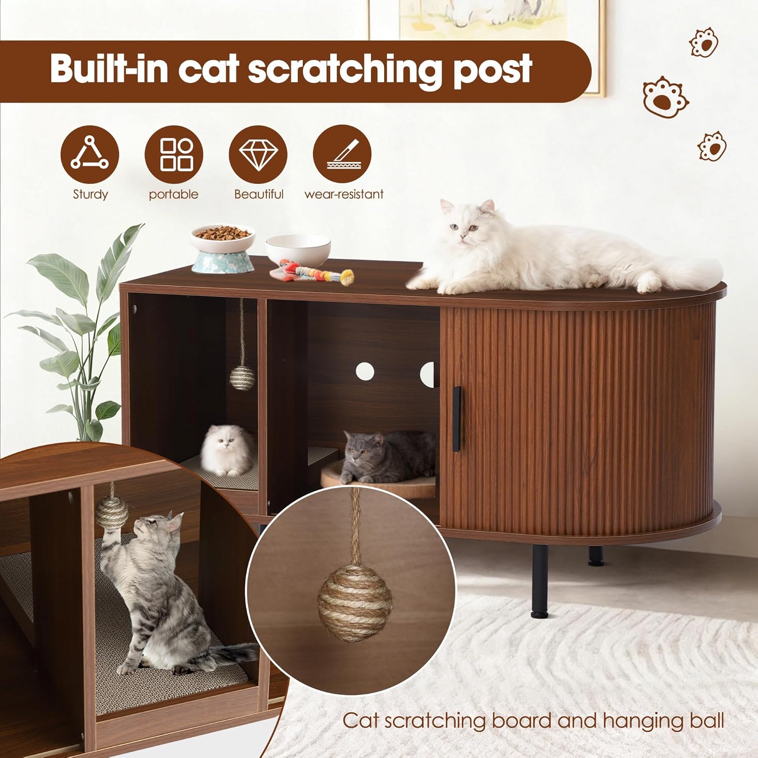 Grepatio Cat Litter Box Enclosure, 37.4" Fluted Hidden Litter Box Furniture, Wooden Large Litterbox Cabinet with Cat Scratch Pad and Ball, Indoor Cat House for Living Rooms, Entryway (Brown, 37.4")