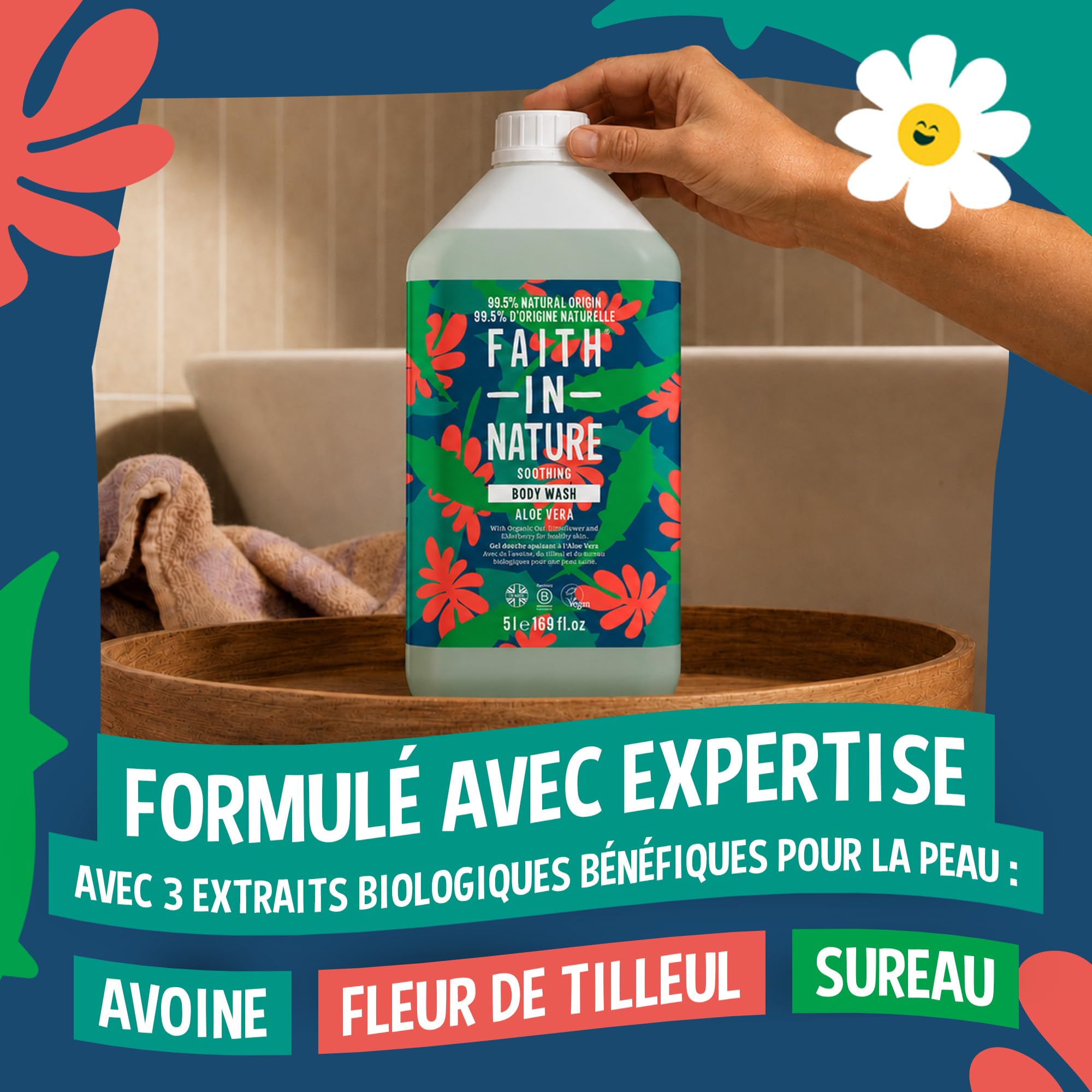 Faith In Nature Gel Douche Naturel à l’Aloe Vera, Apaisant, Végan et Non Testé sur les Animaux, Sans SLS ni Parabènes, Recharge 5 L