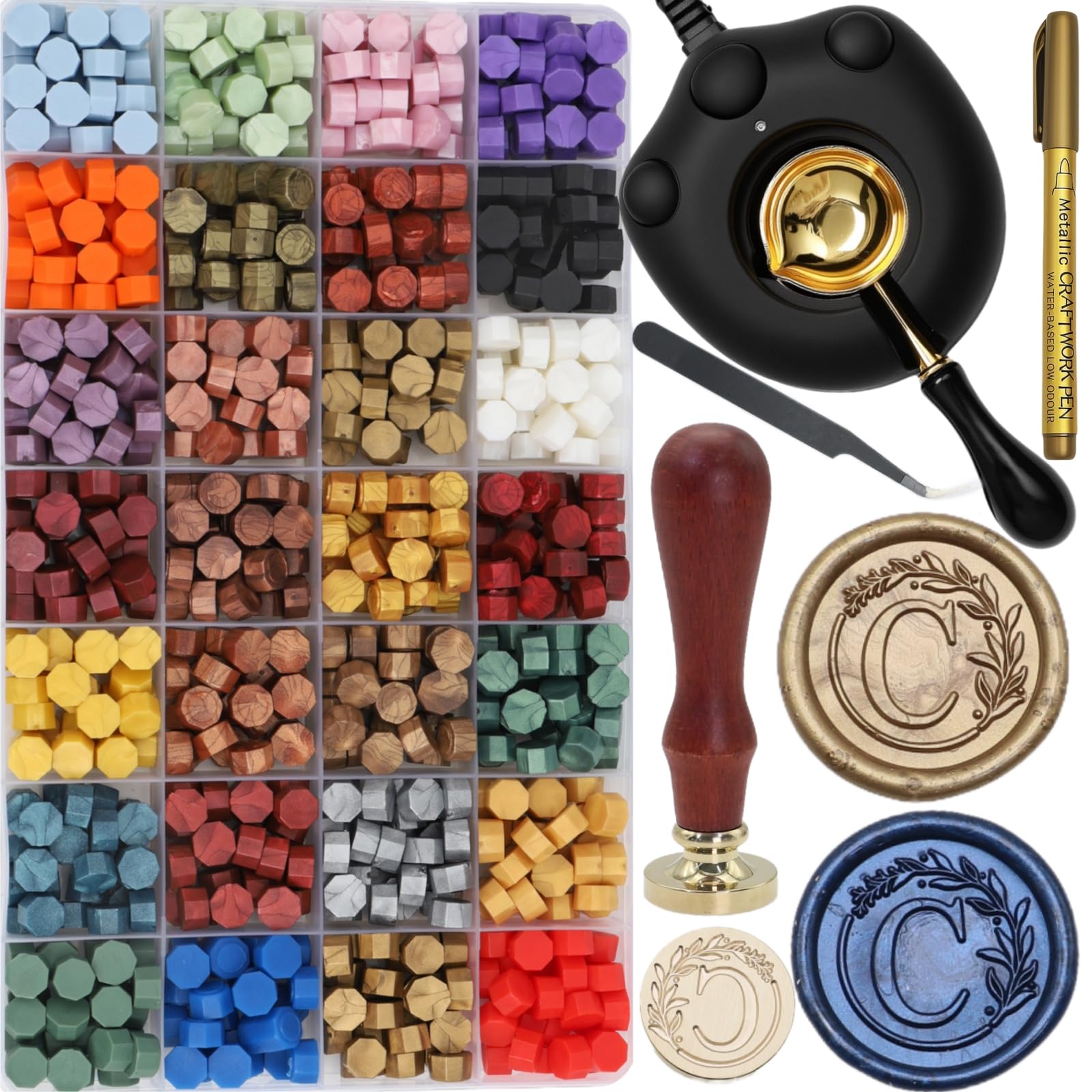 Kit de 732 sellos de cera de sellado con calentador de cera eléctrico, sello de sello inicial del alfabeto C, cuentas de sello de cera de 28 colores, cuchara, kit de sellos de cera de sellado de