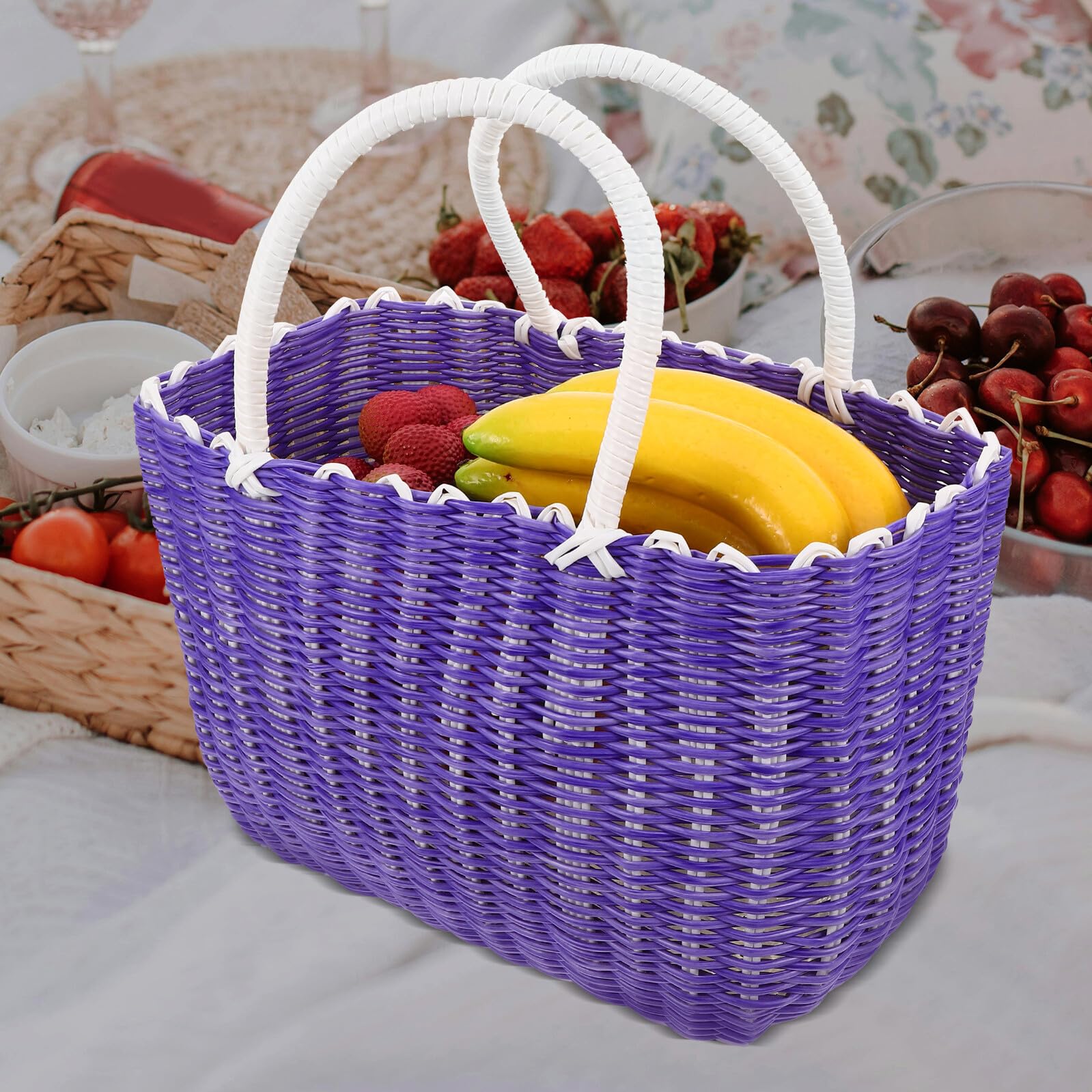 BESPORTBLE Cesta de Plástico Trenzado Grande con Asa Cesta de Almacenamiento Multifuncional para Compra y Verduras Color Morado para Cocina y Hogar