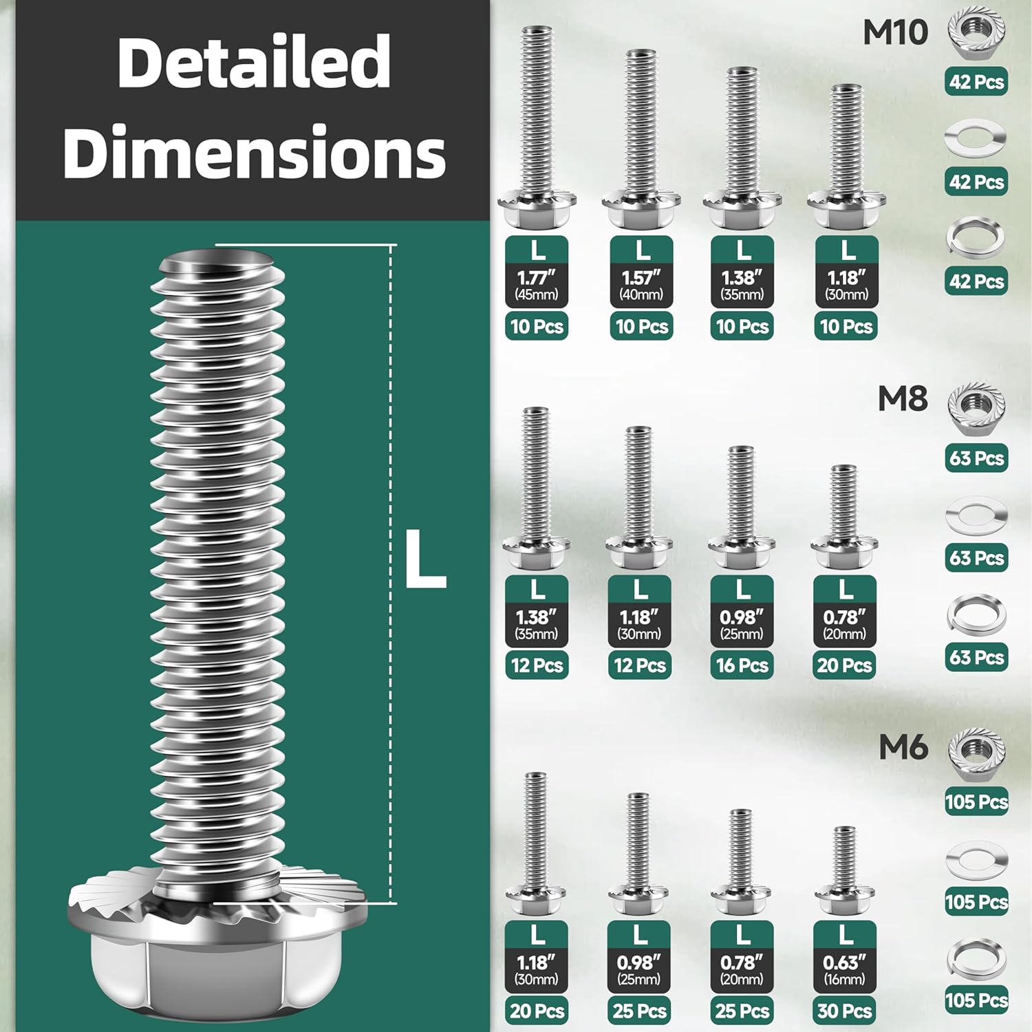 830-Pack Metric Flange Bolts Assortment, M6x1.0 M8x1.25 M10x1.5 Bolts (16mm to 45mm) Assorted Hex Bolts and Nuts Washers Kit, 304 Stainless Steel Screws