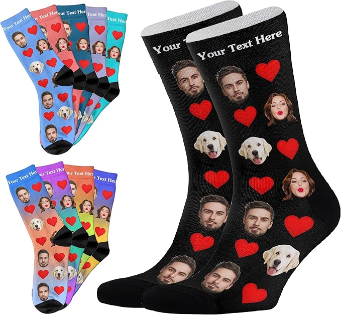Custom Socks with FACE PHOTOS TEXT Made in USA, Personalized Funny Gifts for Birthday Christmas Wedding