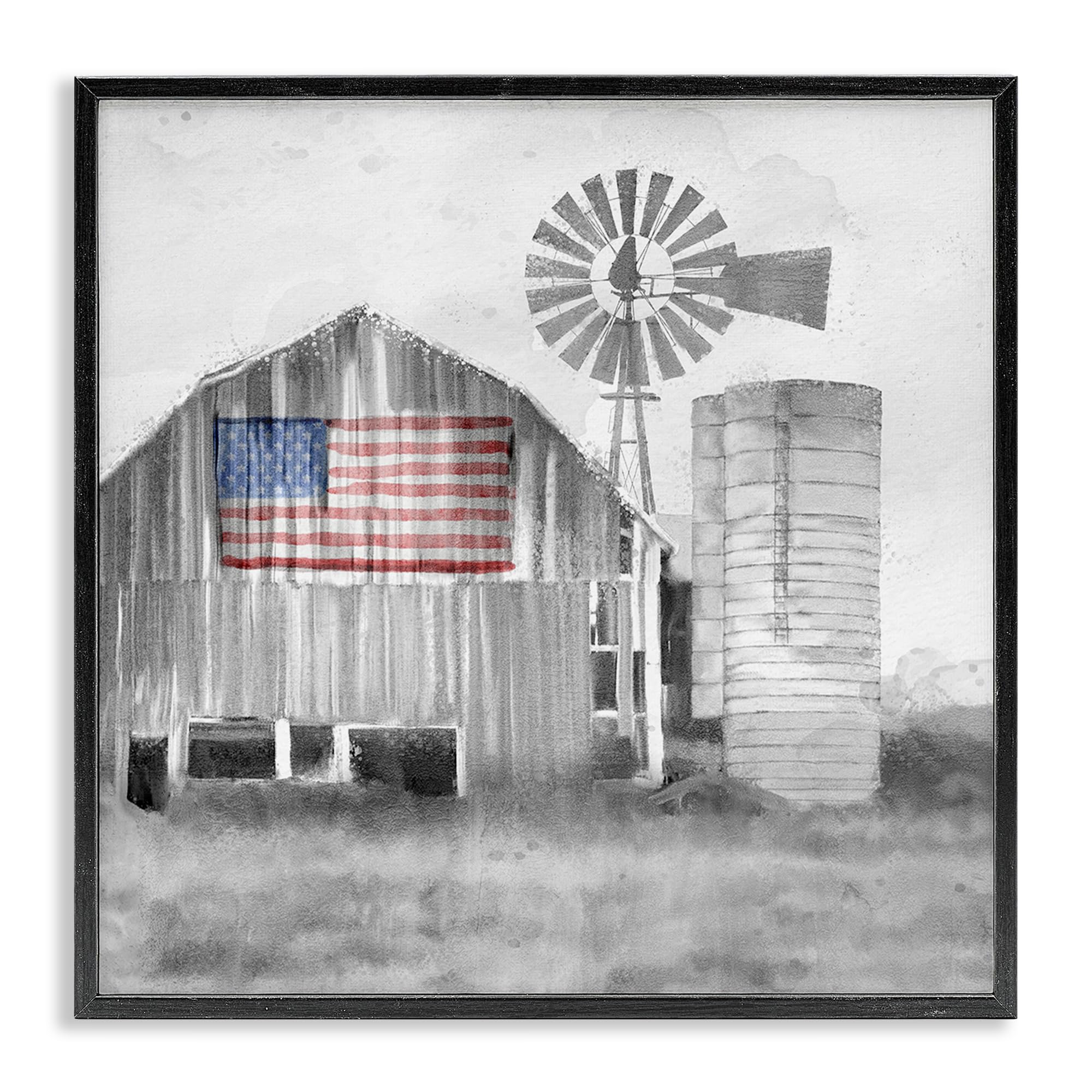 Stupell Industries 'Grandfather's Barn with Flag', Framed Giclee Art, Black, 12 x 12 Inches, Easy to Hang and Sturdy, Made in USA, by Kim Allen