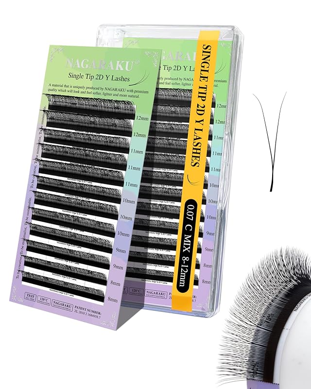 NAGARAKU Extensões de Cílios 2D Y, Curvatura C, 0,07, 8–12 mm, 12 Fileiras, Preto Fosco