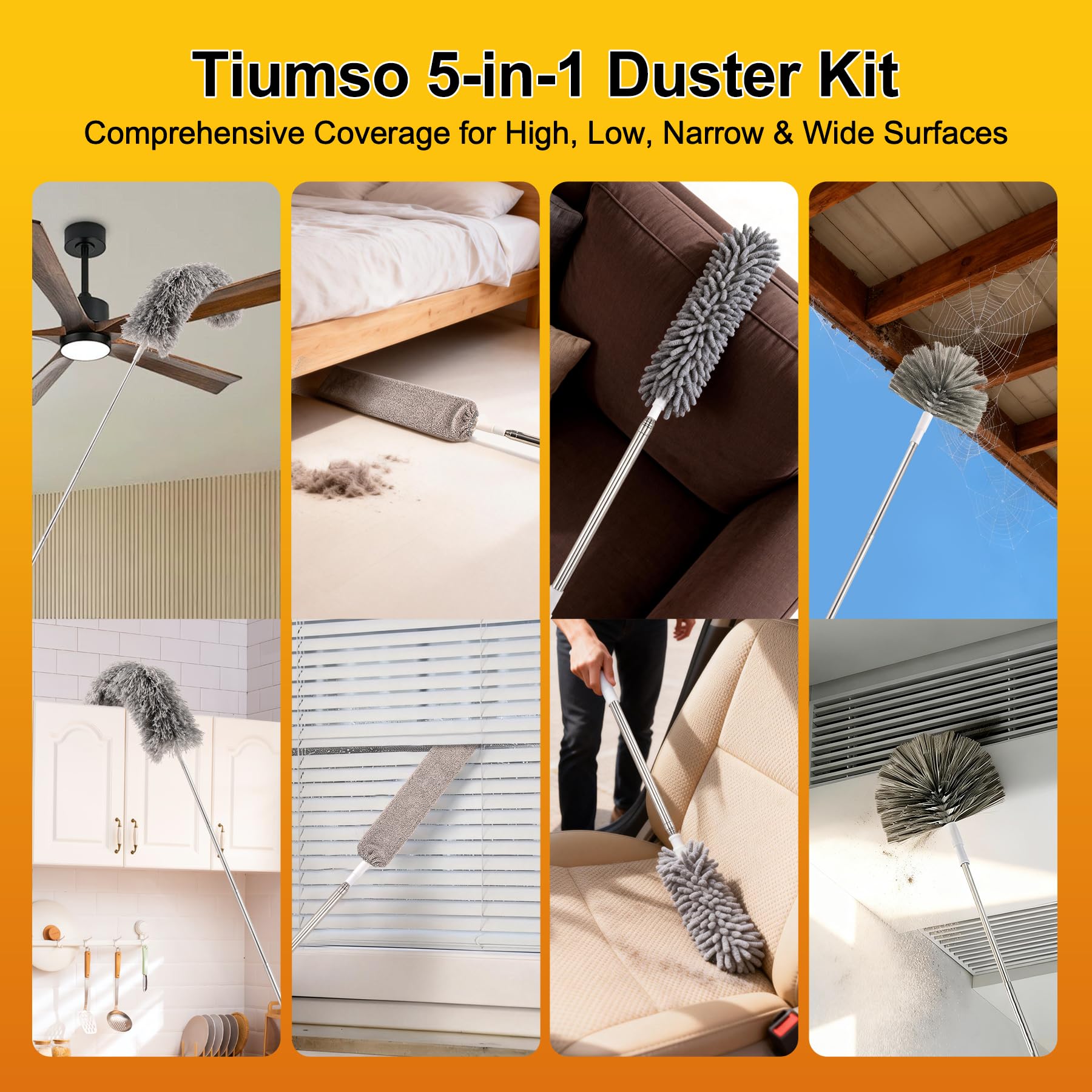 Tiumso Plumero de microfibra 5 en 1, plumero para limpieza, plumero con poste de extensión de 100 pulgadas, plumero de telaraña, plumero de microfibra para techos altos y ventiladores, persianas,