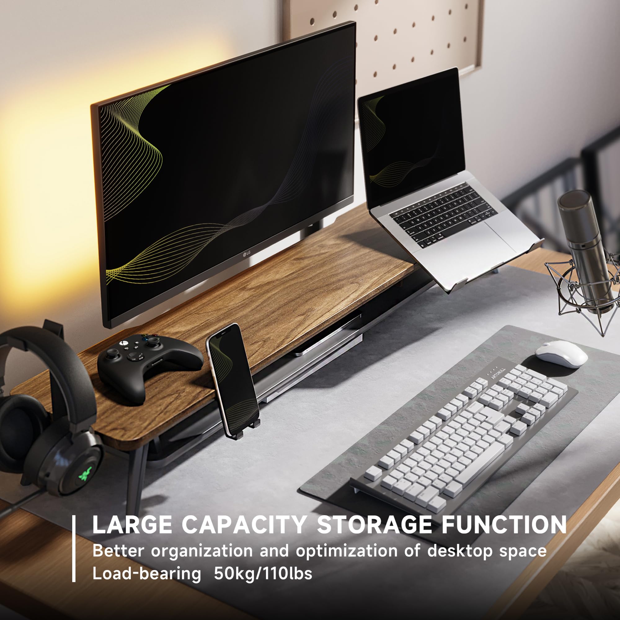 Fenge Dual Support d'Écran d'Ordinateur pour Téléphone/Pad,Ordinateur,Tablette,Casque Grand Écran Multifonctionnel À 2 Niveaux pour Ordinateur Portable, 108 x 23,5 x 14,5 cm-Charge de 50kg (Marron)