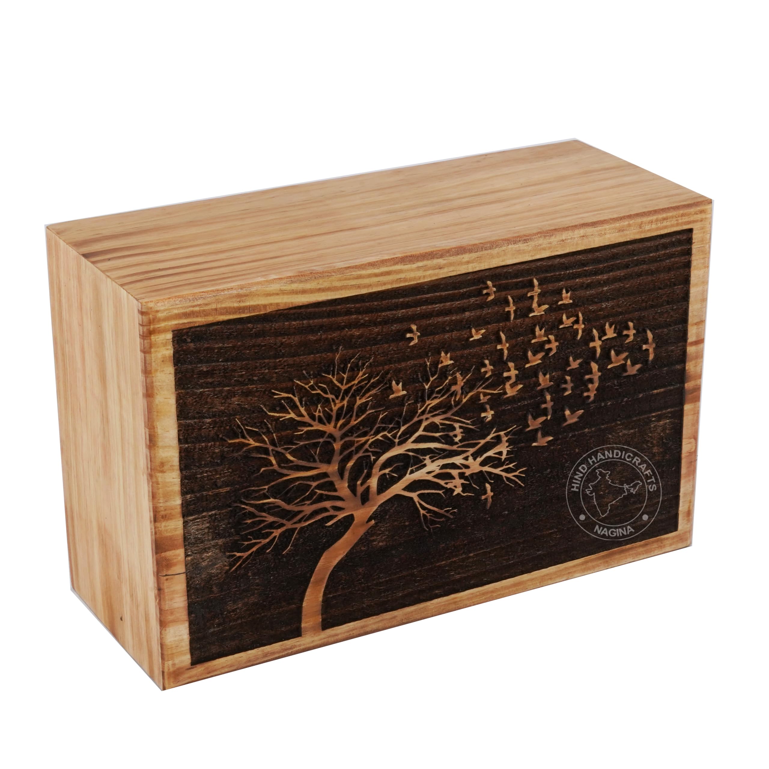 Hind Handicrafts Wooden Box Funeral Cremation Urns for Human Ashes Adult Large - Burial Urns for Columbarium - Tree of Life Flying Bird (Pine, 250 Cubic Inches) โ image 1