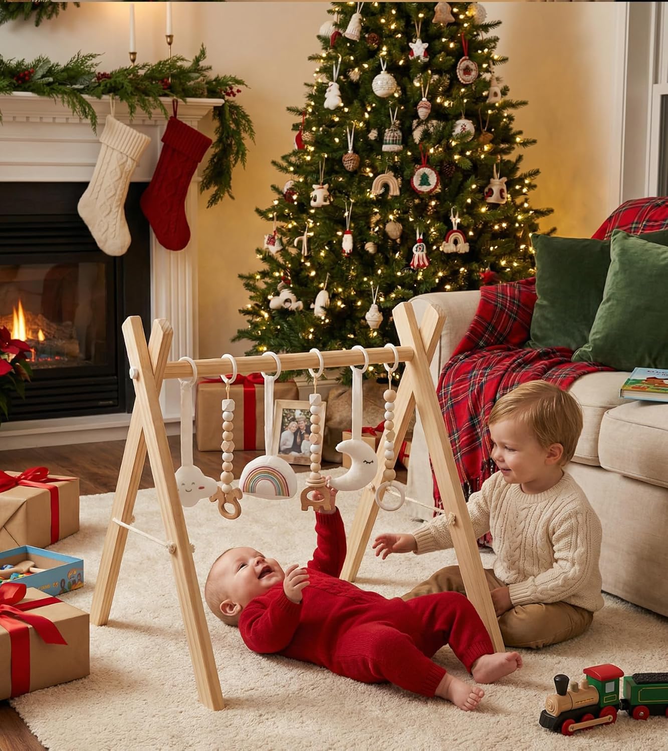 Mallify Wooden Baby Gym with 6 Gym Toys, Foldable Baby Play Gym, Natural Pine Wood Play Gym, Frame Activity Center Hanging Bar, Wooden Play Gym