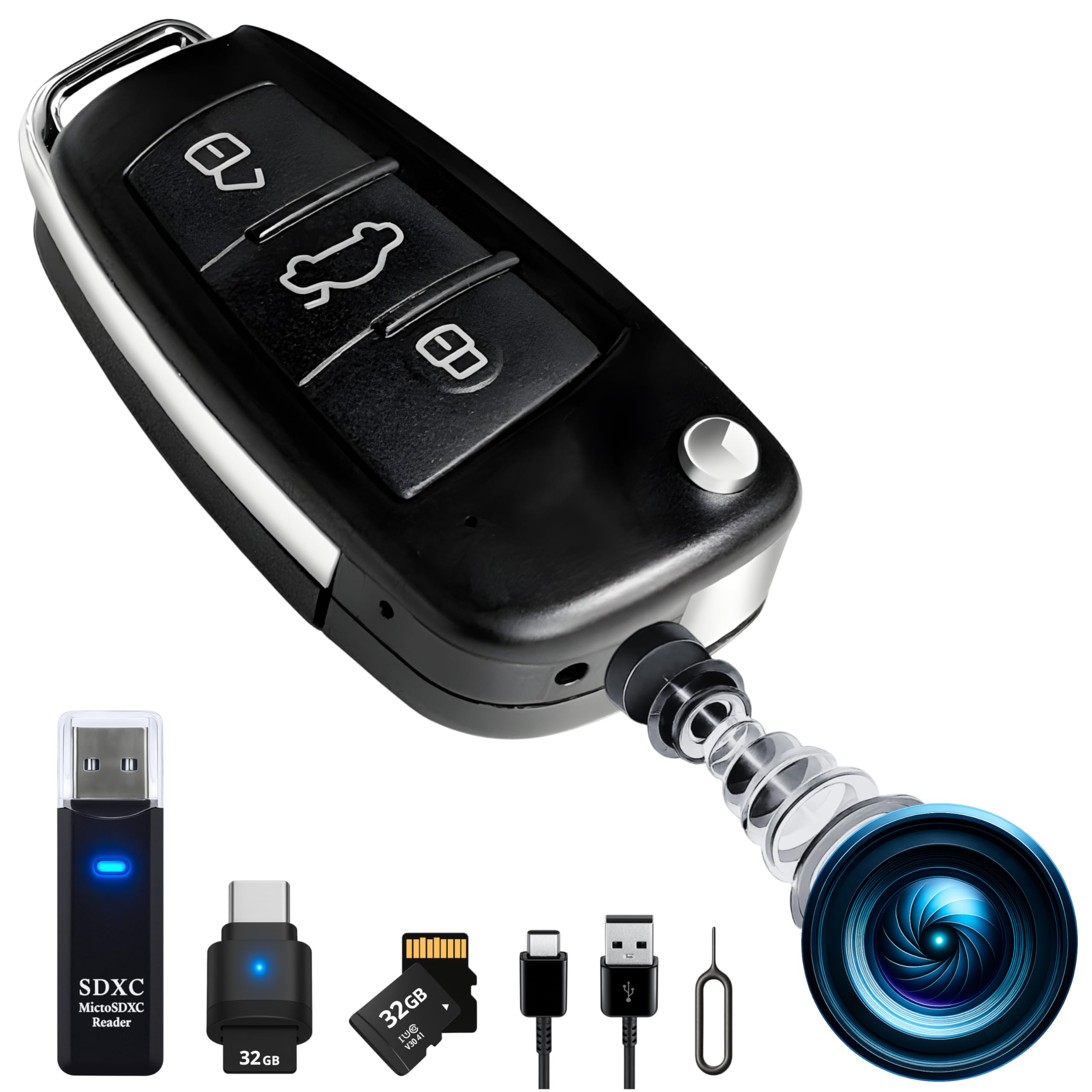 Mini Camara Espia Oculta Camuflada en Llave de Coche, sin Luz al Grabar (FULL PACK 2MP Super HD con MicroSD 32GB, LECTOR LED, OTG para Ver en Móvil y Carga USB-C)Sensor de Movimiento y Visión Nocturna